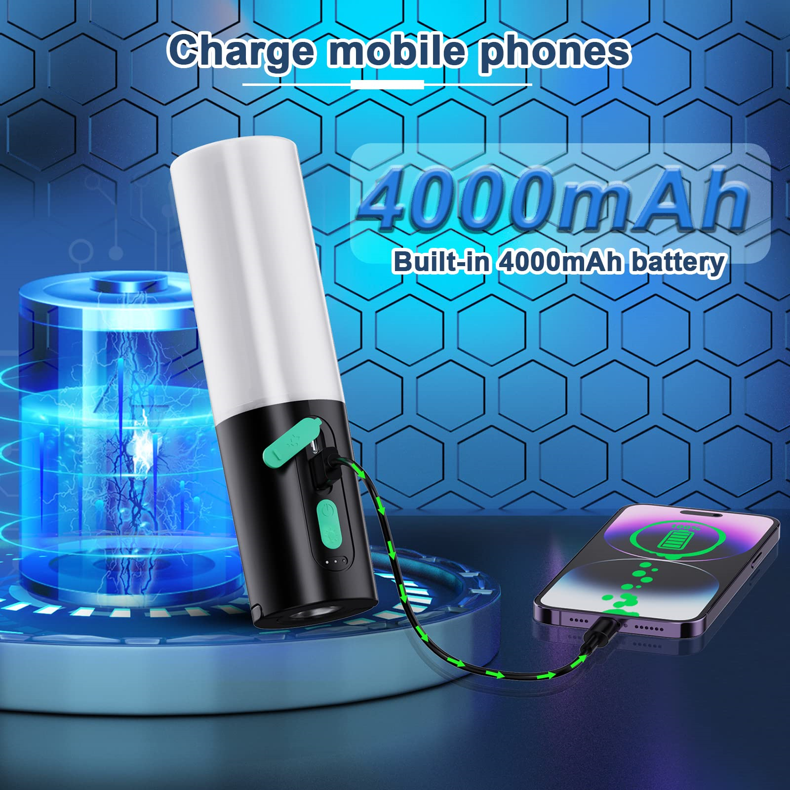 Eine weiß-schwarze Powerbank, die ein Telefon mit grünem Kabel lädt.