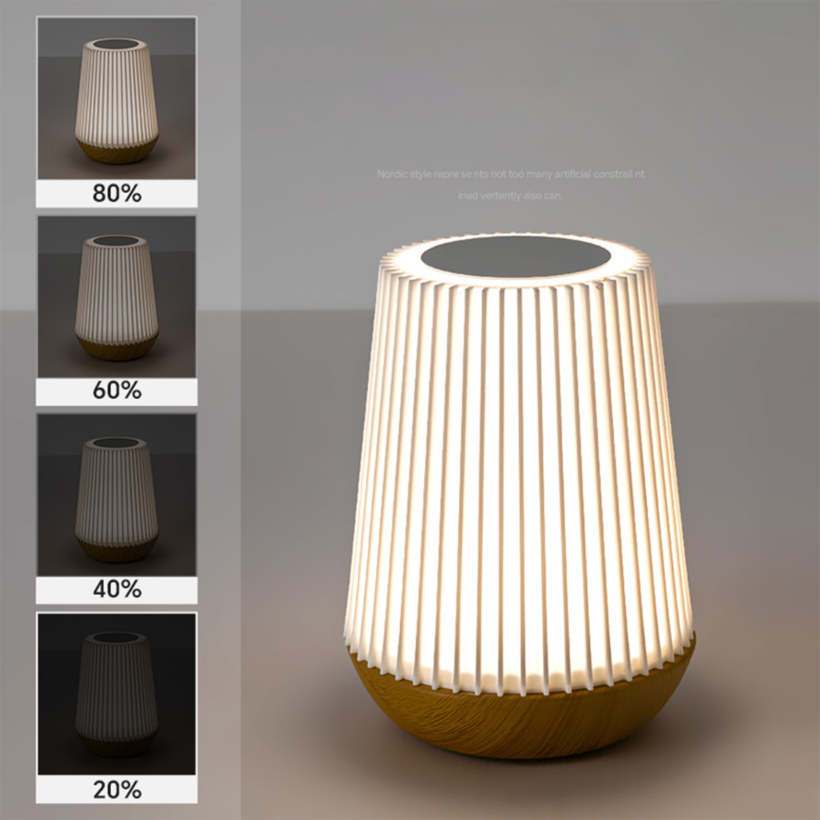 Eine weiße Lampe mit Holzsockel, mit Helligkeitsvariationen von 80 % bis 20 %.