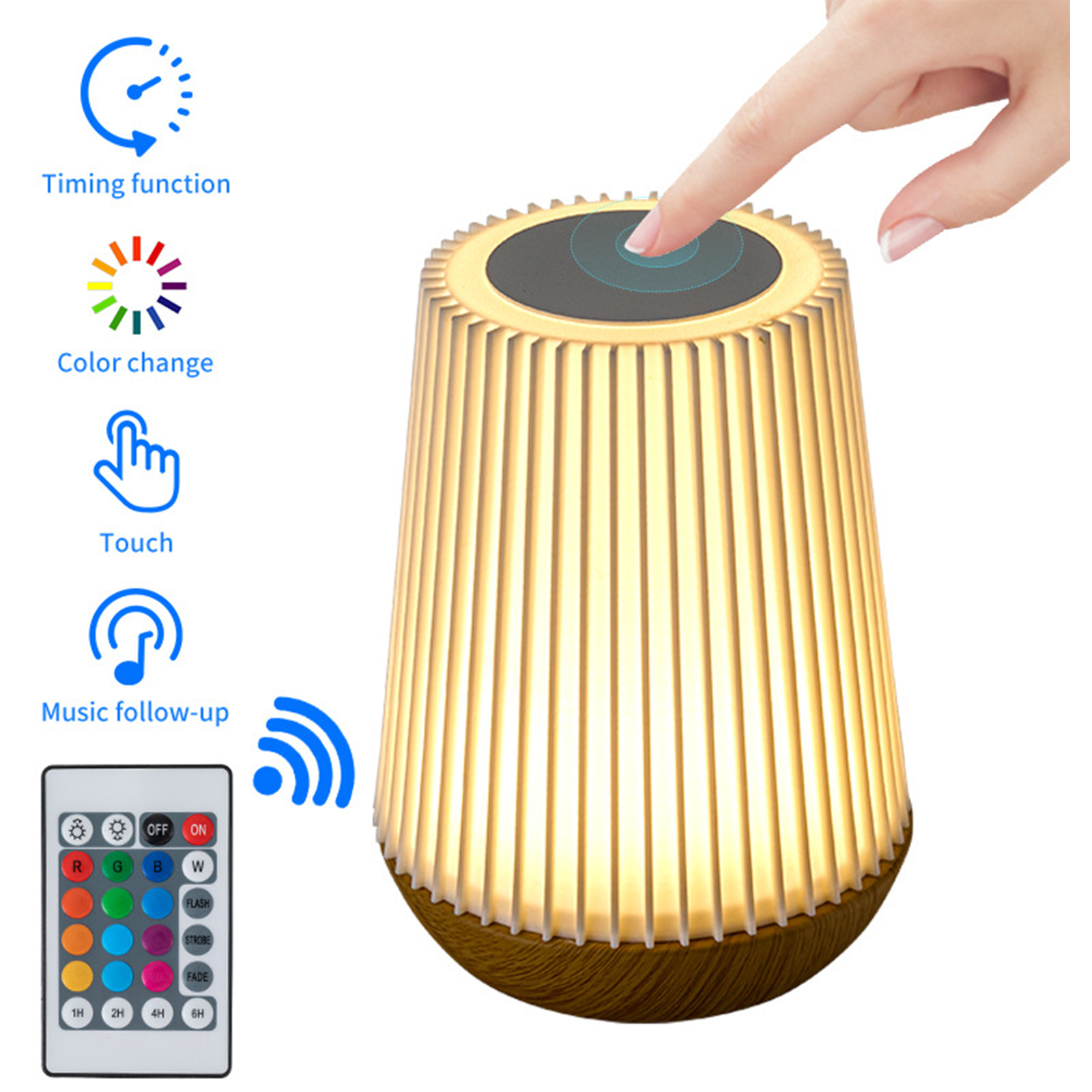 Eine Lampe mit Touch-Bedienelementen und Fernbedienung. Enthält Optionen für Timing, Farbwechsel und Musik.