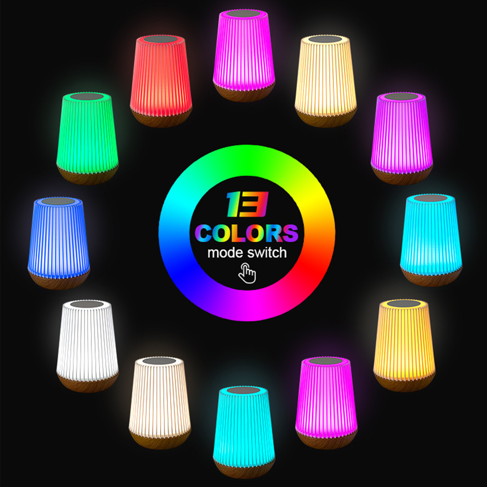 Farbenfrohe Lampen in einem Kreis, jede in einer anderen Farbe beleuchtet. Ein zentrales Farbrad zeigt 13 Farben und einen 'Modusschalter'.