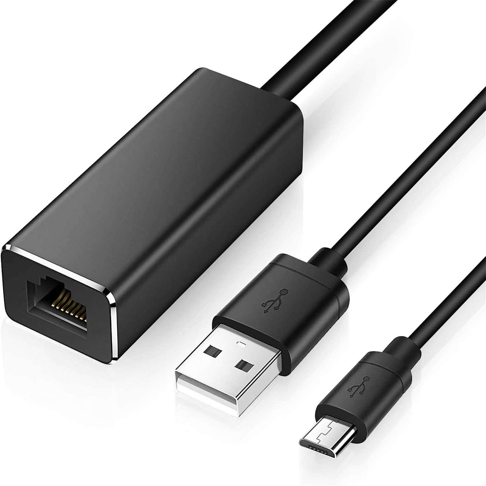Schwarzes USB-Adapterkabel mit Ethernet-Anschluss, USB- und Micro-USB-Anschluss.