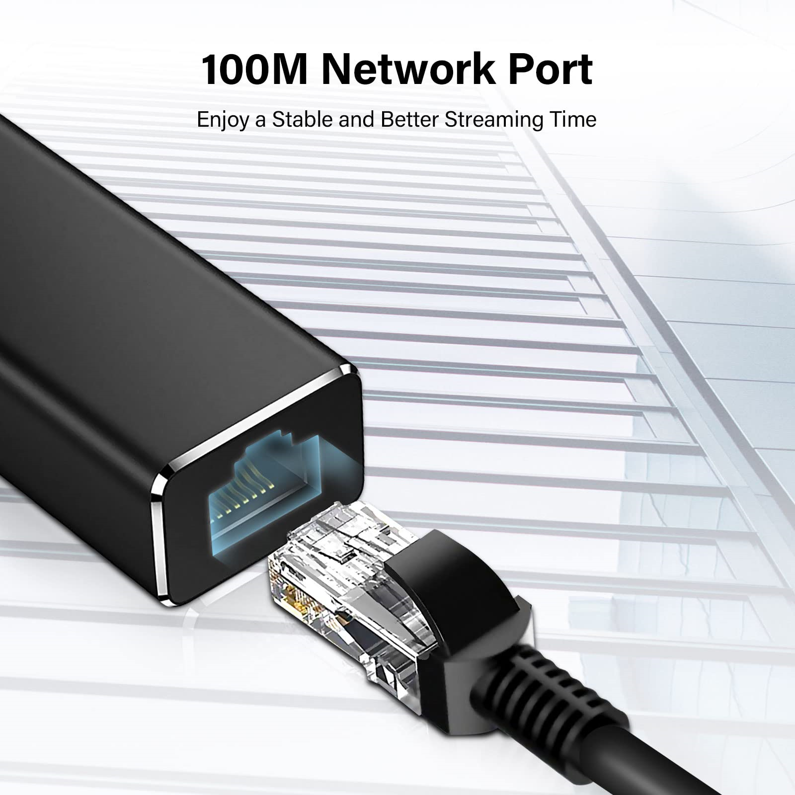 Schwarzer Netzwerkadapter mit Kabel und Ethernet-Anschluss. Der Text sagt 100M Netzwerkanschluss.