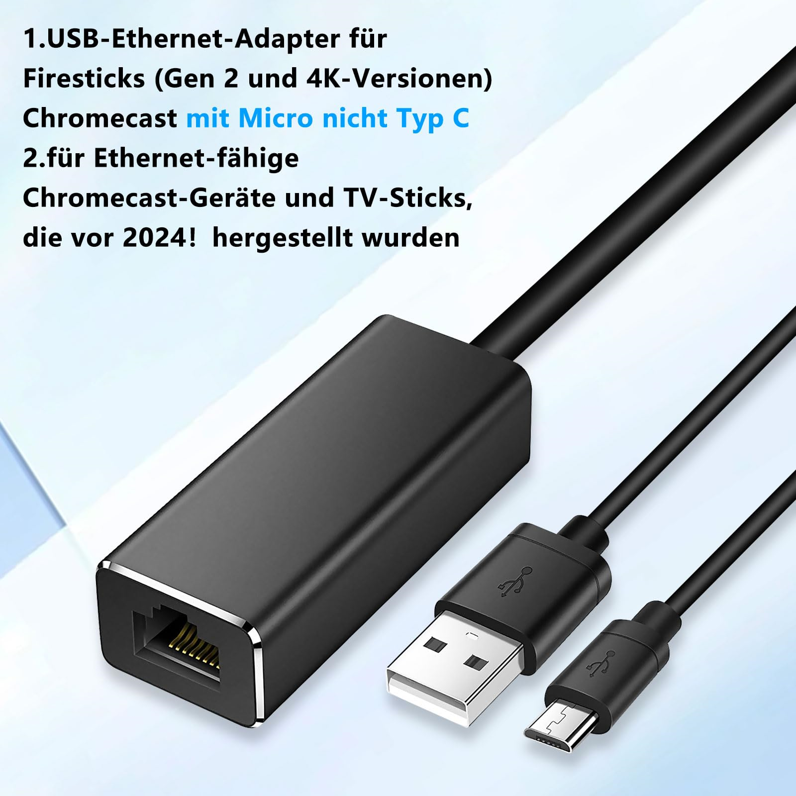Schwarzer Ethernet-Adapter mit USB- und Micro-USB-Anschlüssen. Text auf Deutsch zeigt Kompatibilität.