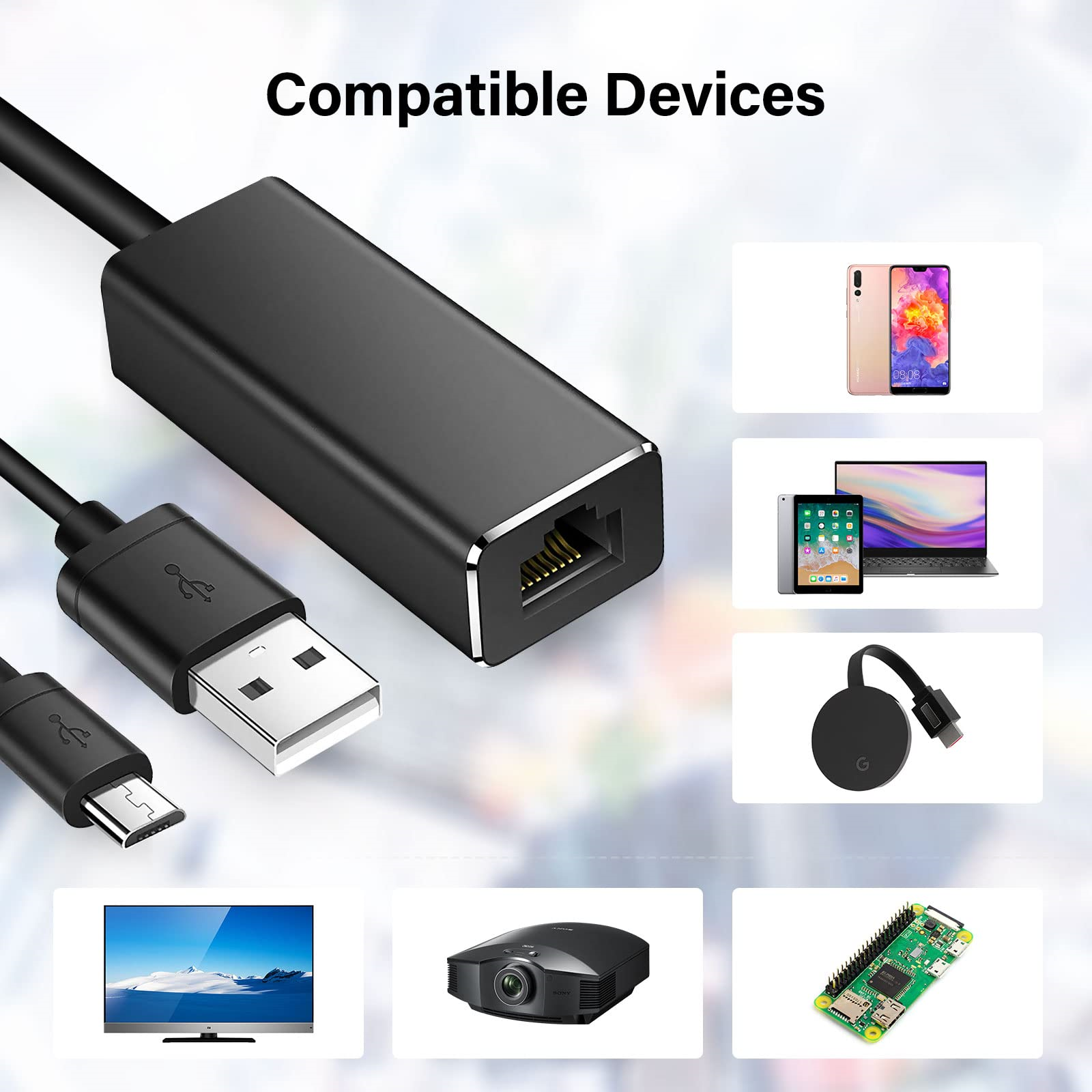 Ein Netzwerkadapter und verschiedene Geräte. Smartphones, Tablets, ein Laptop und andere Technologie.