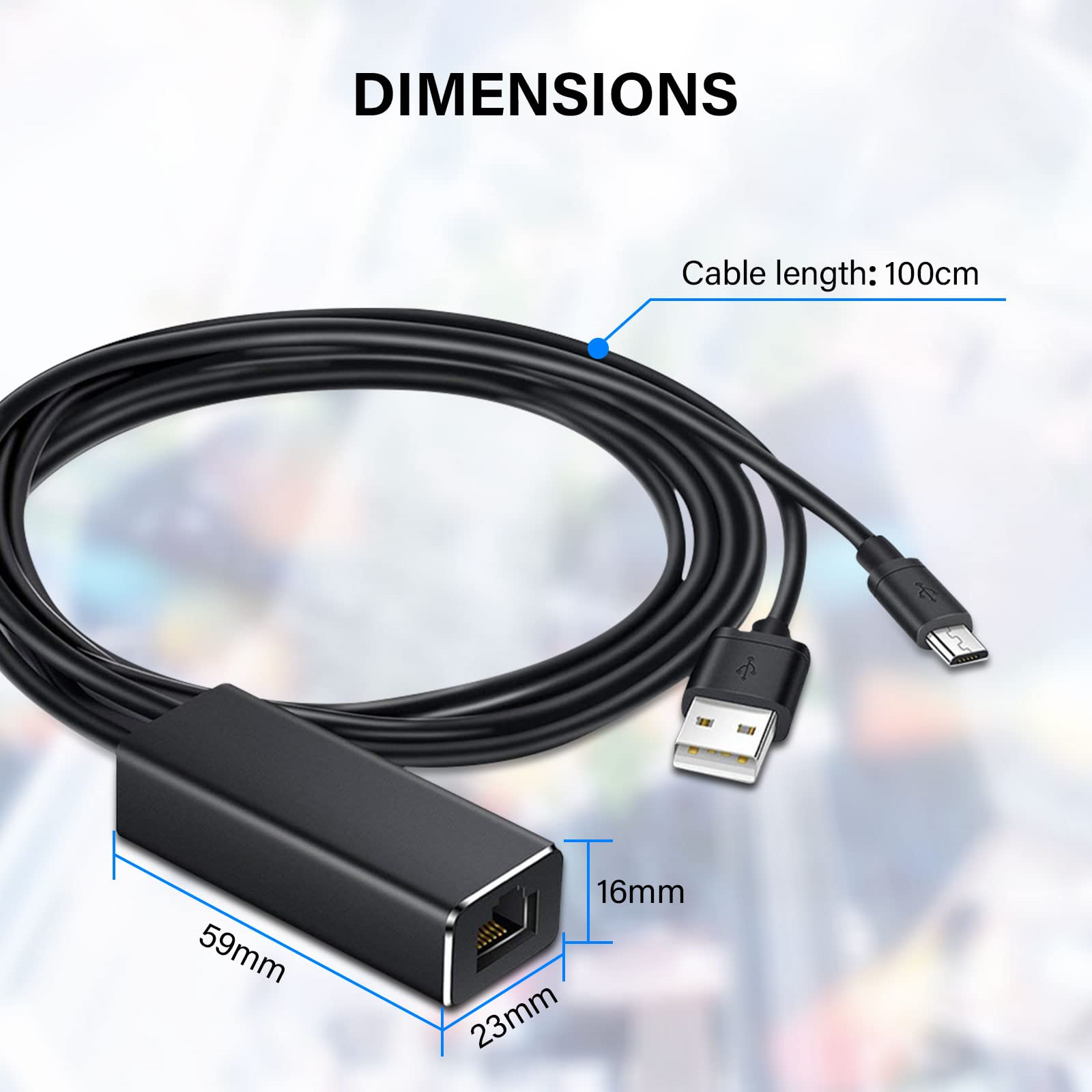 Schwarzes Gerät mit USB- und Ethernet-Anschlüssen, Abmessungen 59 mm x 23 mm, Kabel 100 cm.