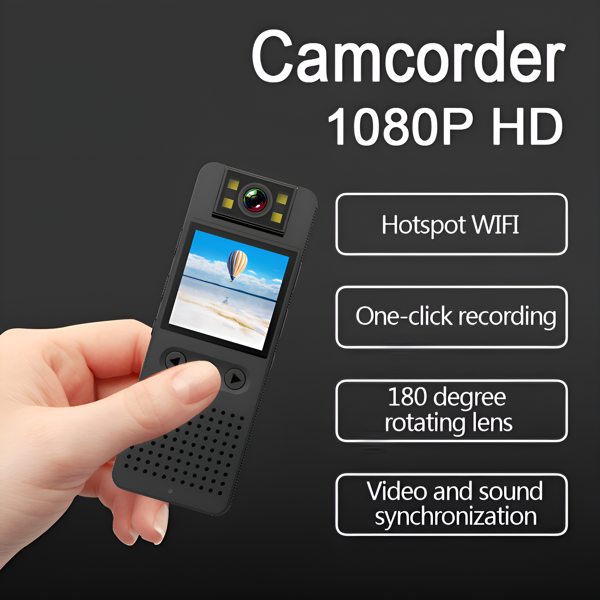 Ein schwarzer Camcorder mit einem Bildschirm, der eine Landschaft zeigt, mit Text, der Funktionen angibt.