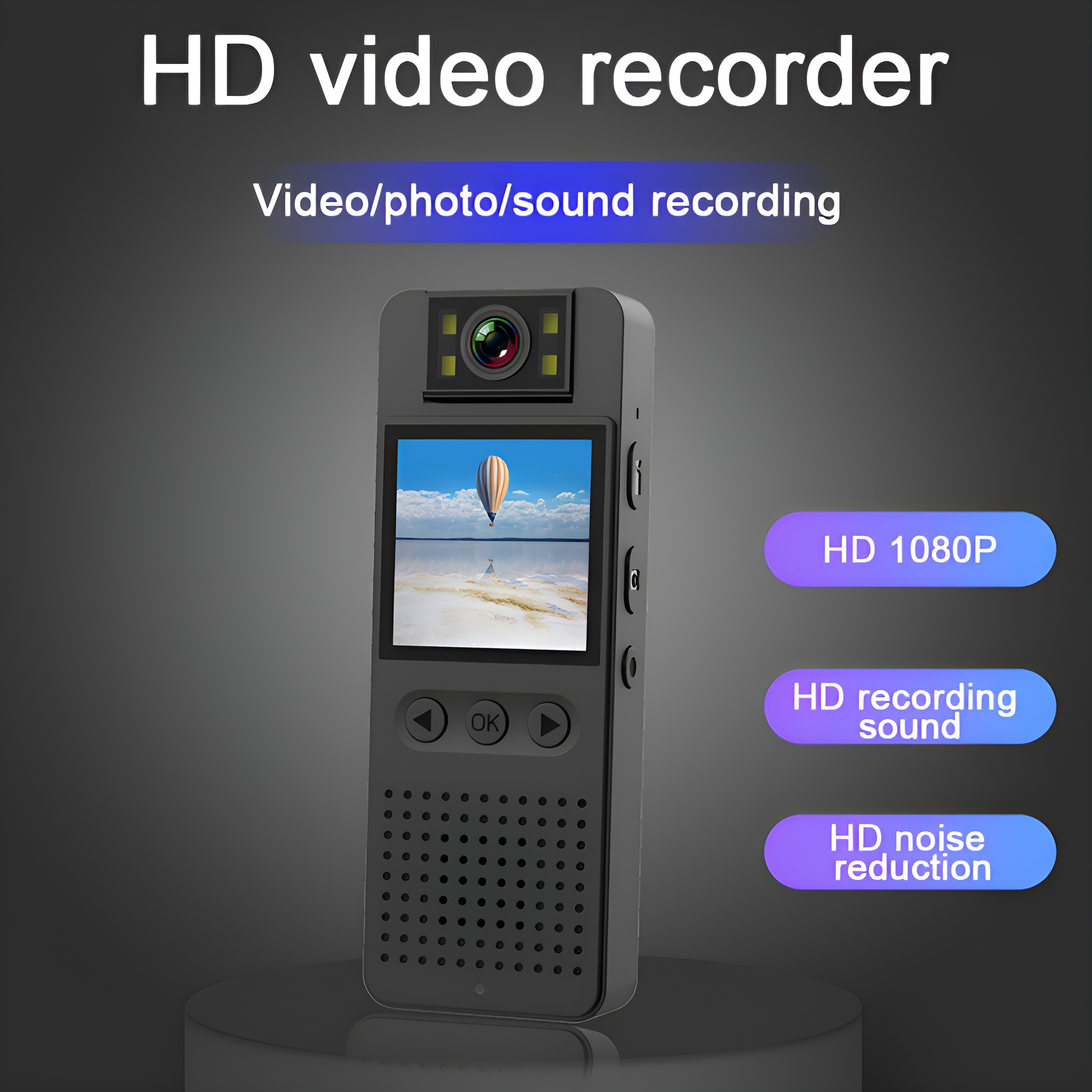 HD-Videorecorder mit kleinem Bildschirm. Funktionen umfassen HD 1080P, HD-Tonaufnahme und HD-Rauschunterdrückung.