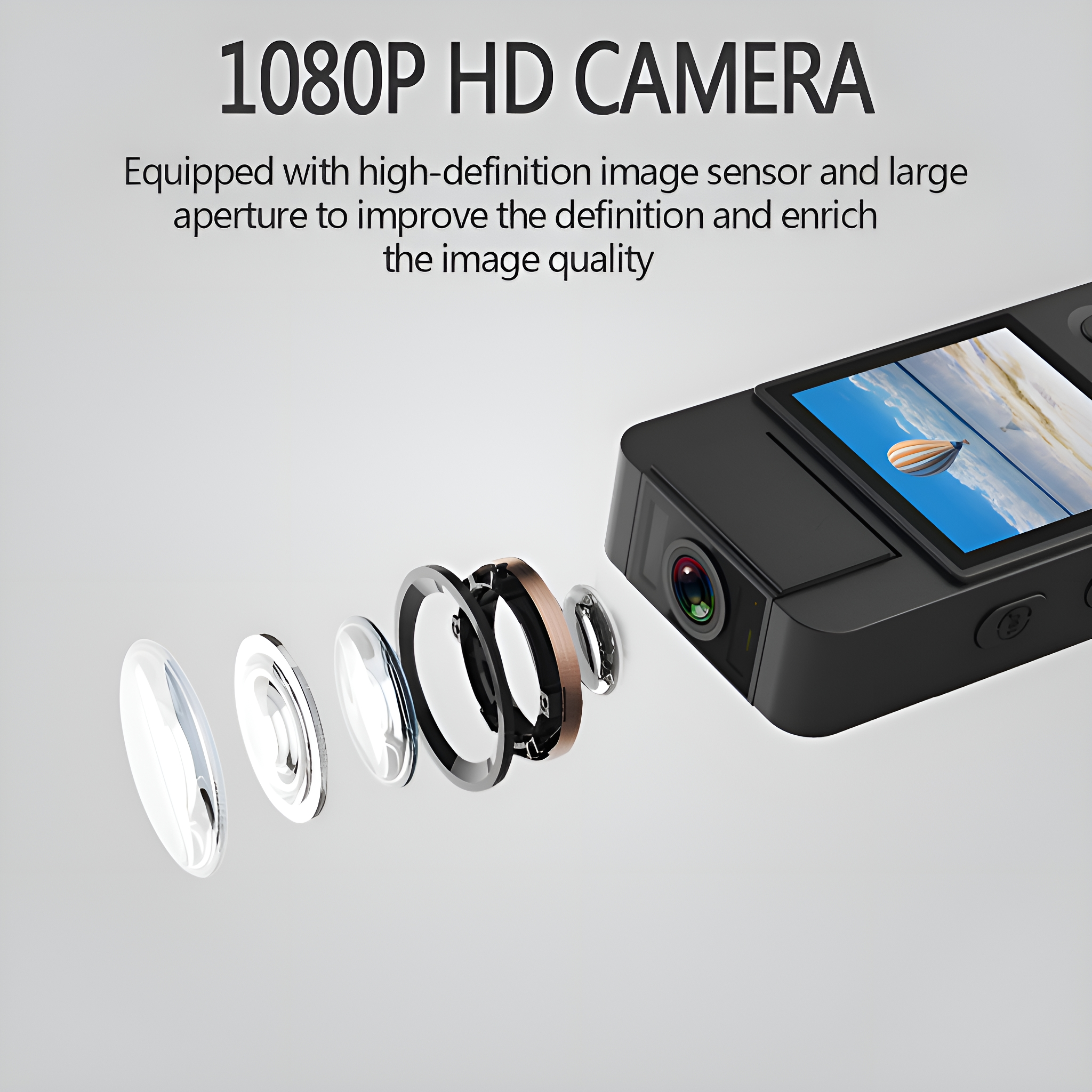 Explosionsansicht einer 1080P HD-Kamera mit Linsenelementen und kleinem Display.