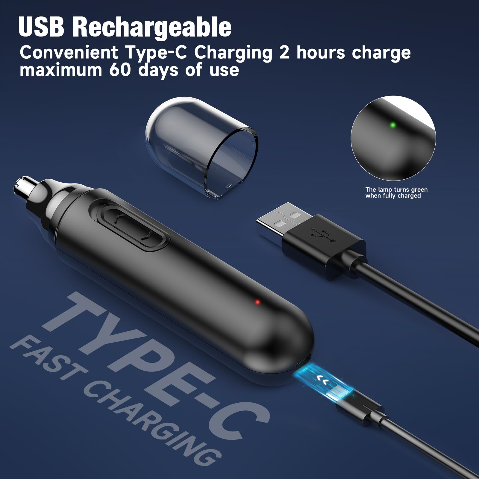 Ein schwarzes, USB-aufladbares Gerät mit Ladekabel und blauem Licht.