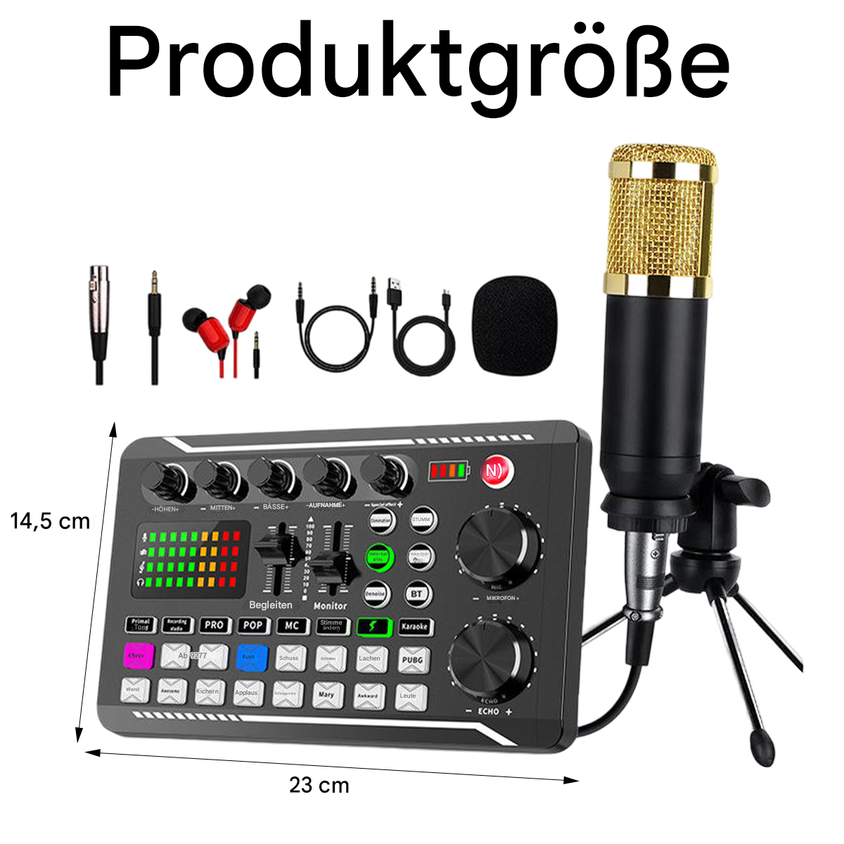 Ein schwarzer Audiomixer mit verschiedenen Ein- und Ausgängen, Bedienelementen, Mikrofon und Zubehör.