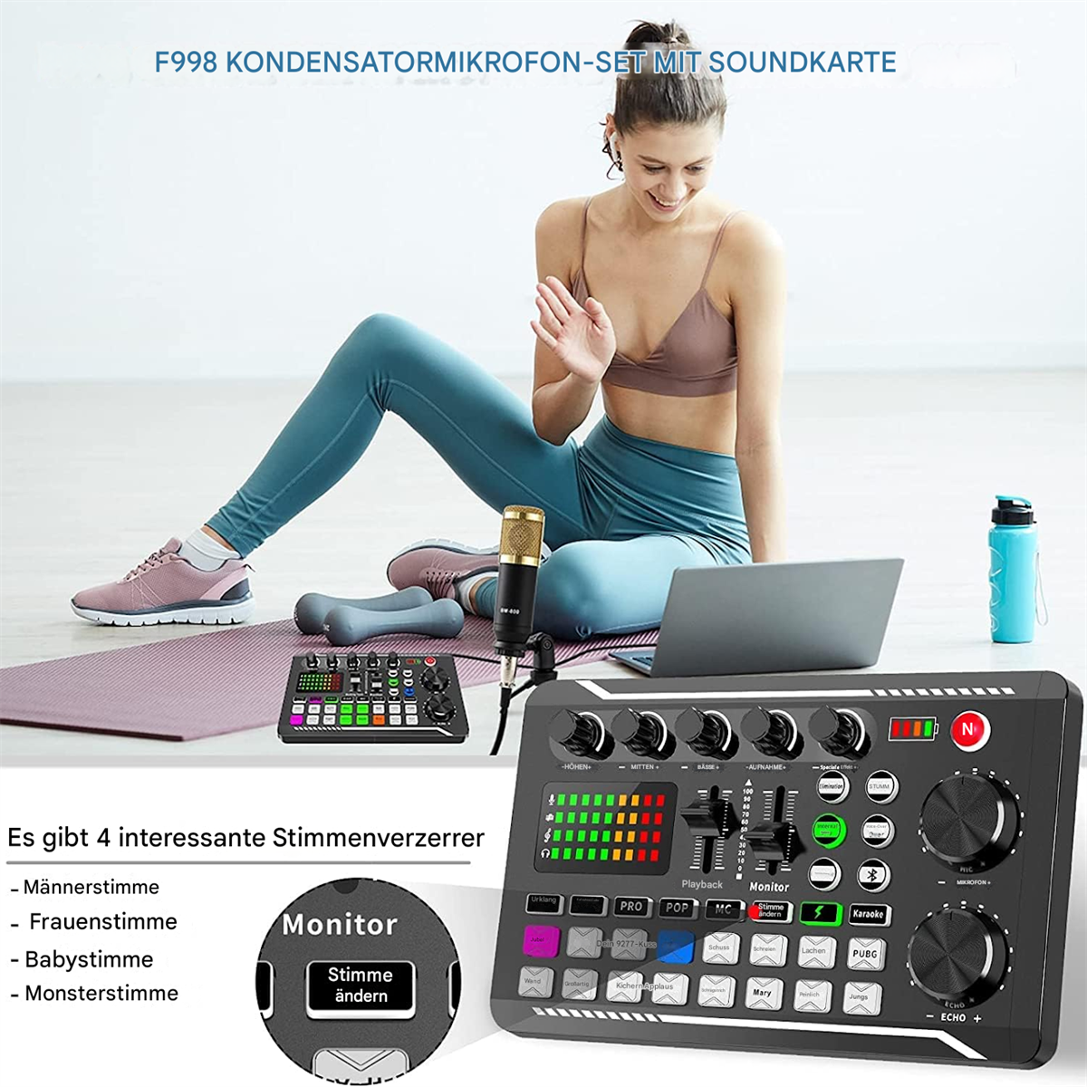 Frau benutzt Mikrofon-Setup mit Laptop und Mischpult, mit Fitnessgeräten und einer Wasserflasche.