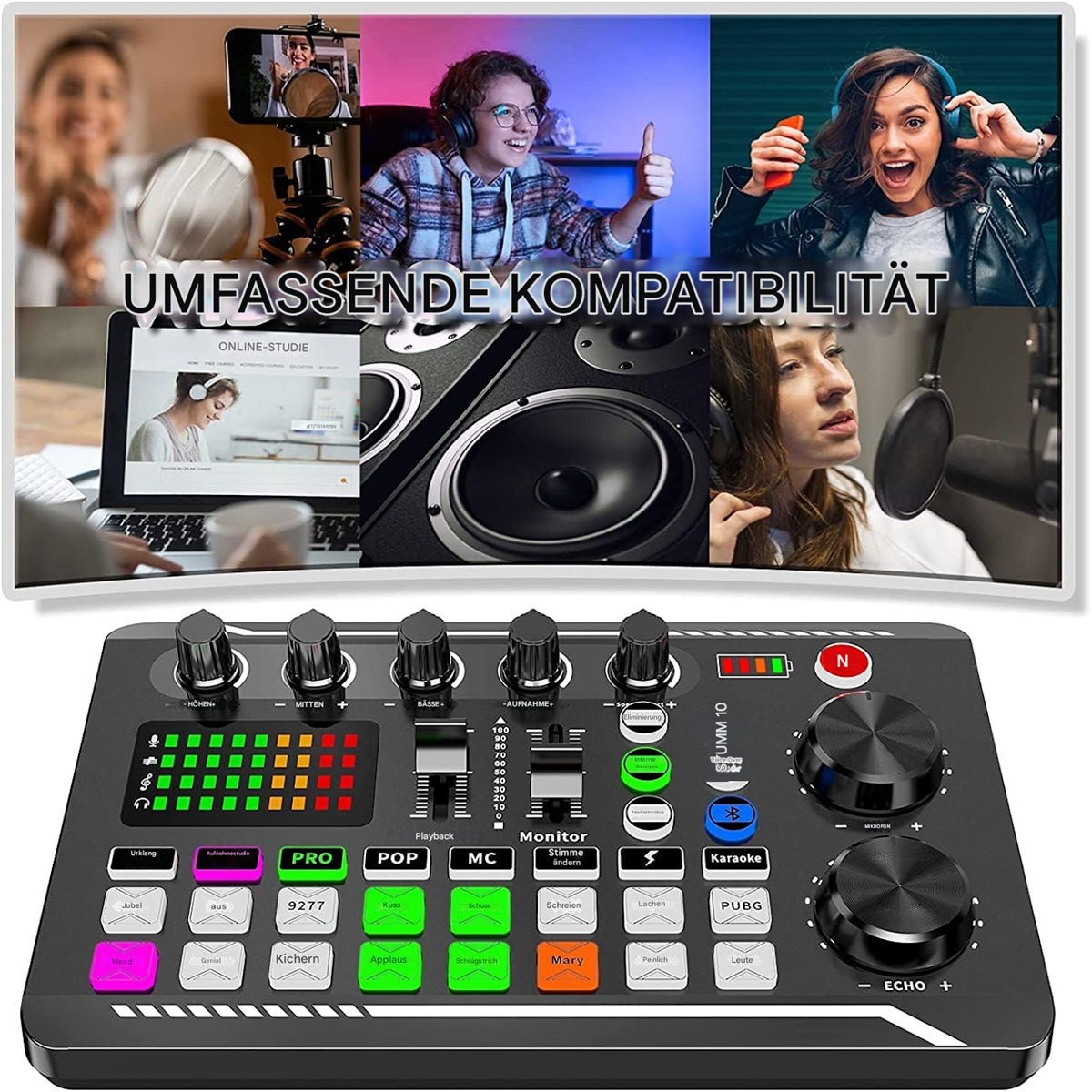Ein schwarzer Audiomixer mit verschiedenen Knöpfen und einem Bildschirm, mit Bildern darum herum.