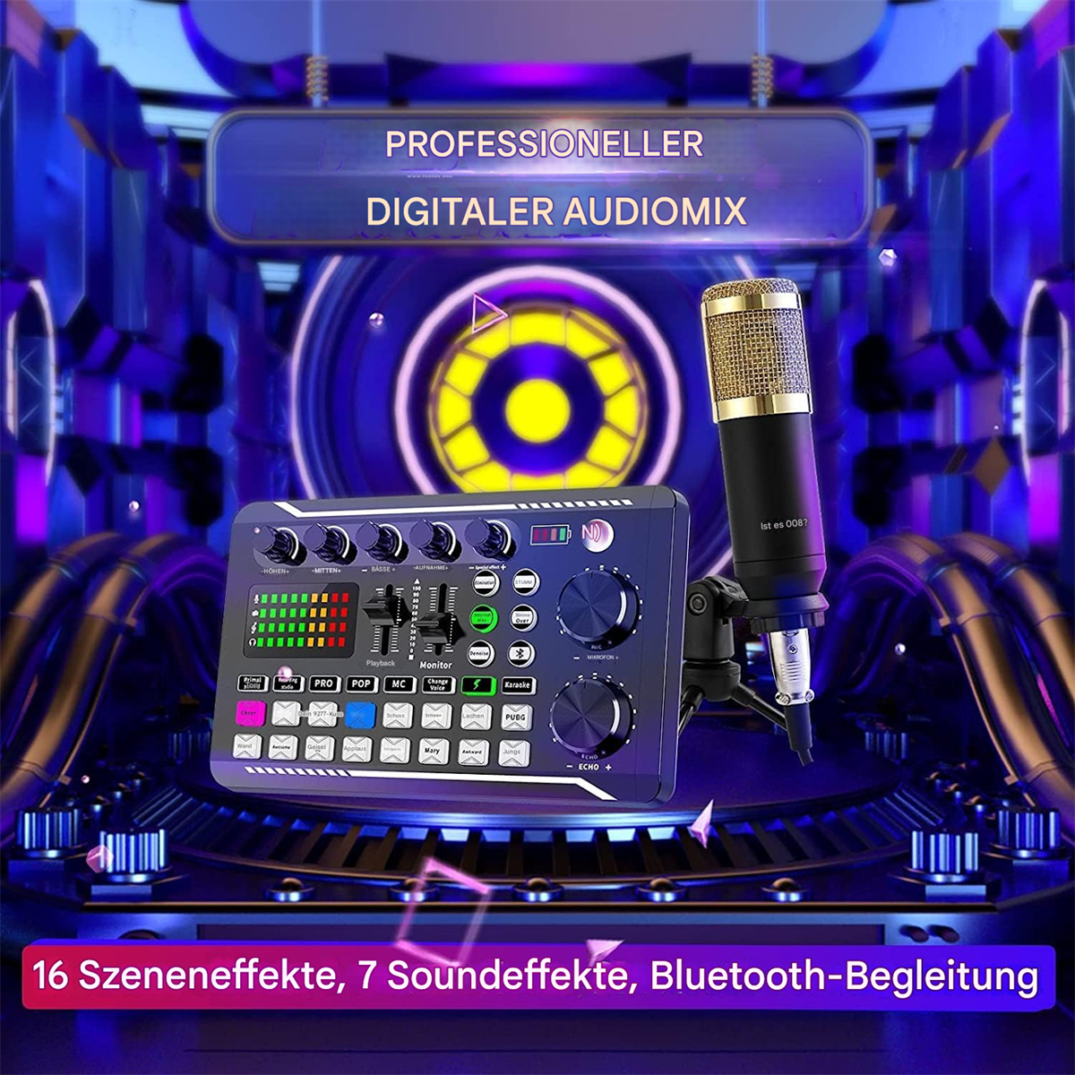 Ein digitaler Audiomixer mit Mikrofon, vor einem futuristischen, abstrakten Hintergrund mit Beschriftungen.