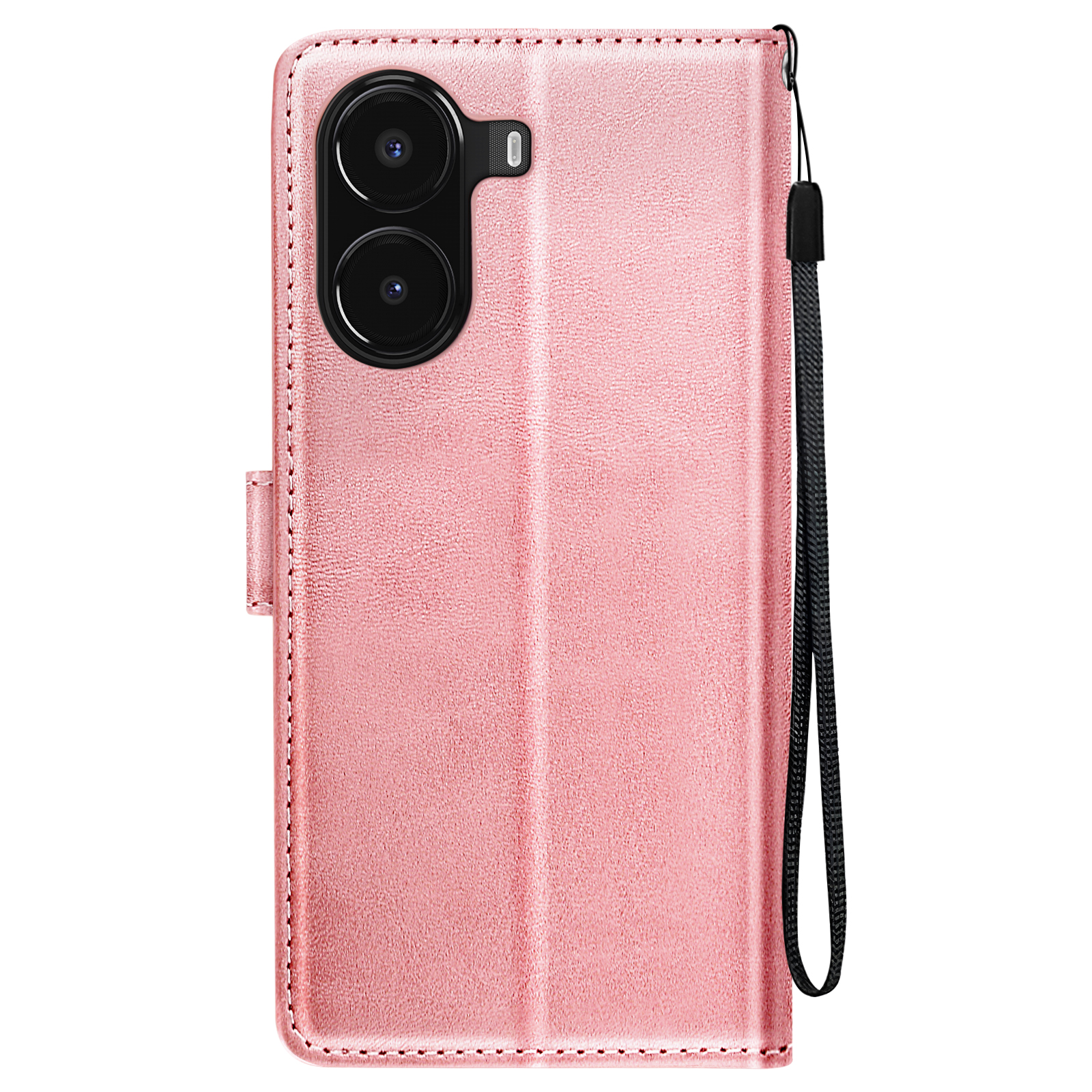 Una custodia per telefono rosa con doppia fotocamera, cinturino e coperchio chiuso.
