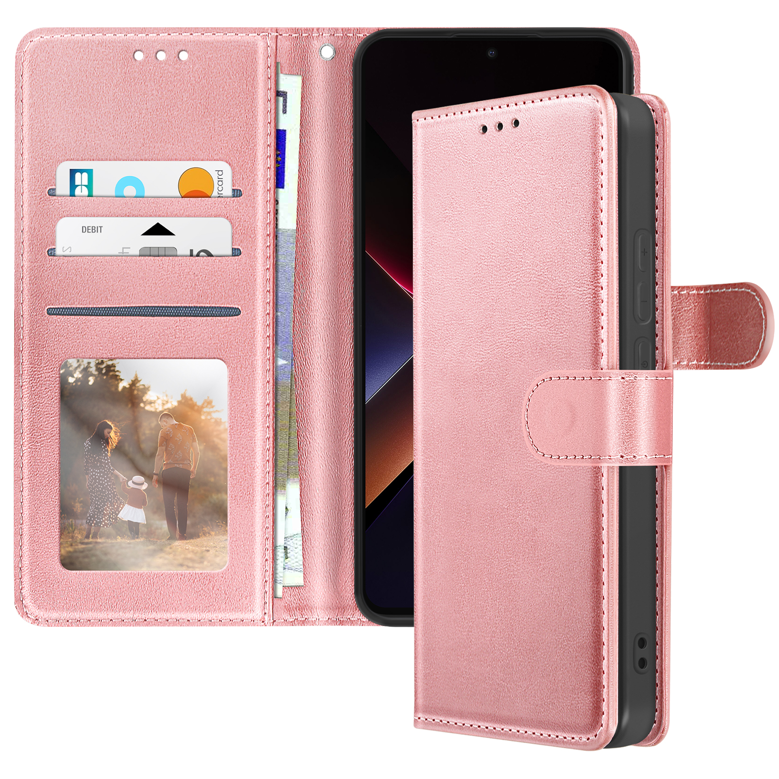 Custodia rosa del telefono aperta, che rivela un telefono, fessure per carte e una foto di famiglia. Chiusura magnetica.