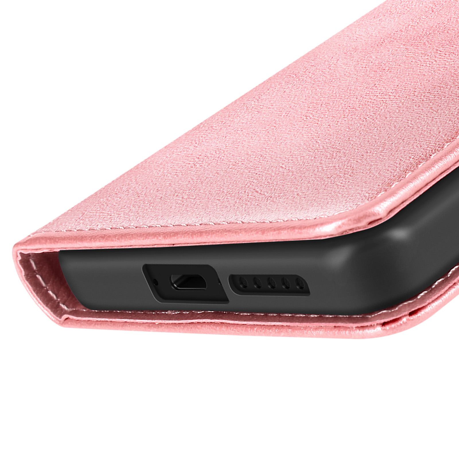 Custodia rosa per telefono con telefono nero visibile in basso.