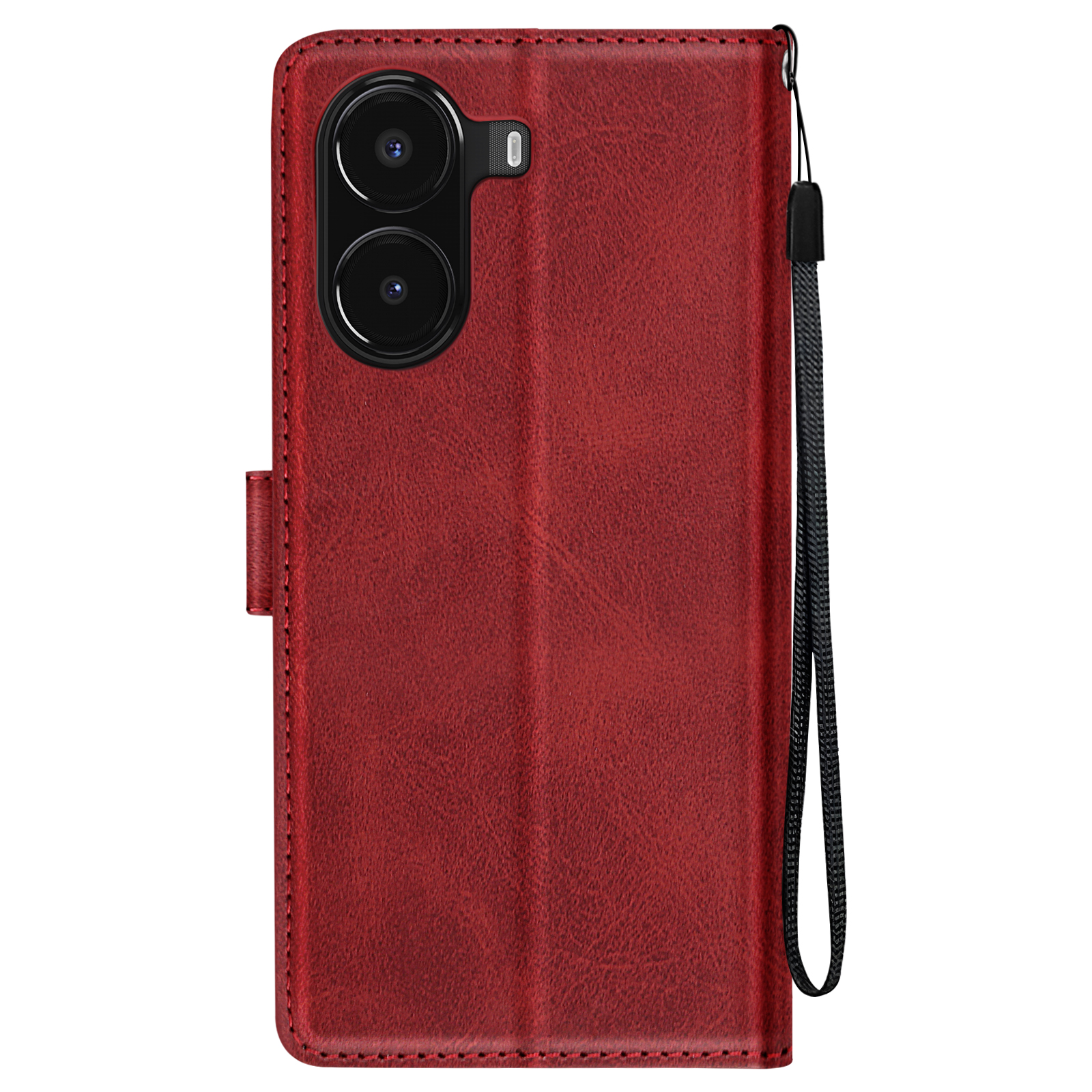 Custodia per telefono rossa con telefono dentro, che mostra obiettivi della fotocamera e cinturino, sfondo bianco.