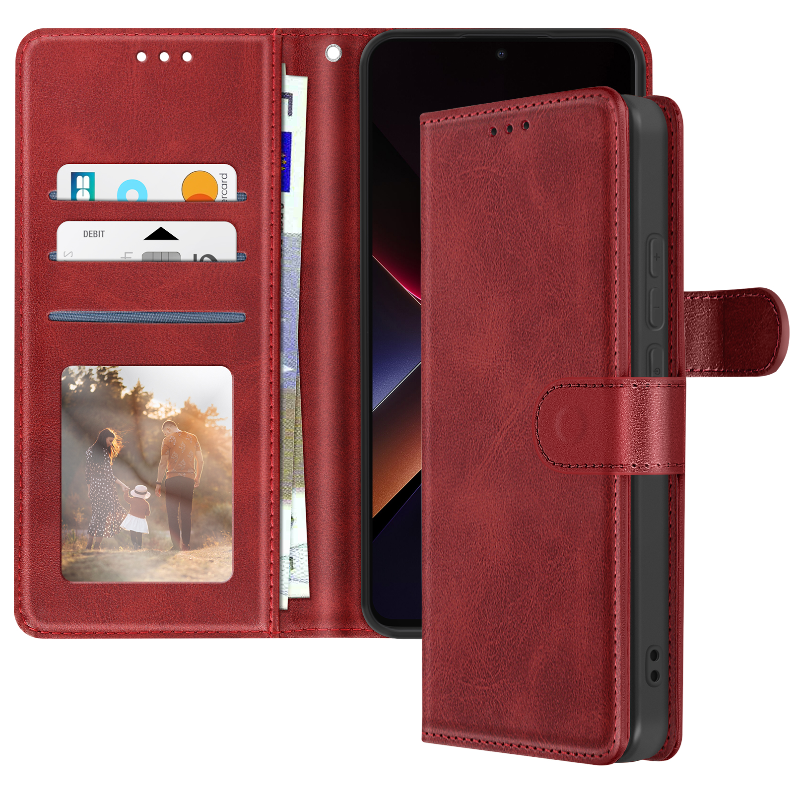 Custodia per telefono in pelle rossa aperta con carte, denaro e telefono. Foto di famiglia visibile.