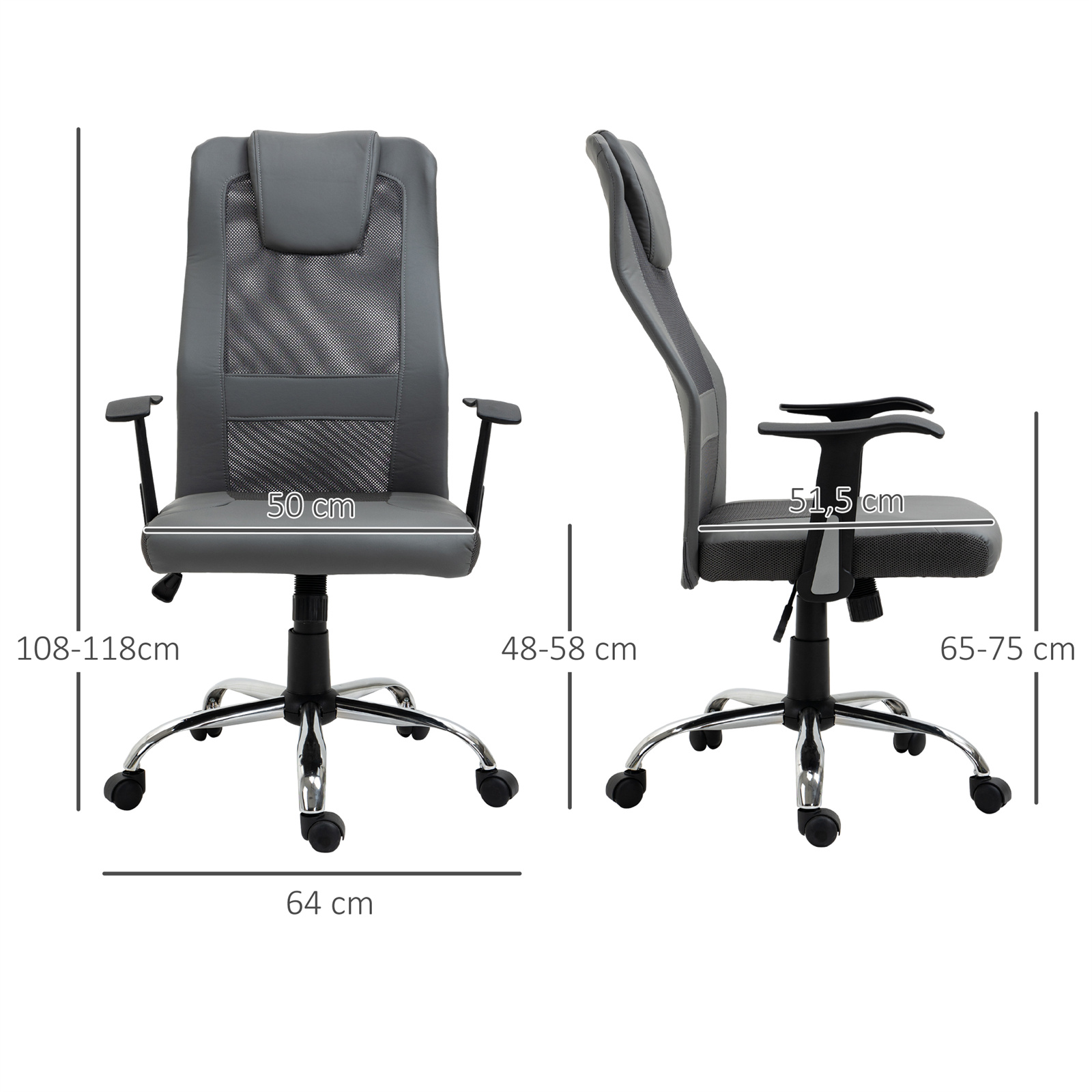 Bürostuhl in Grau, mit Maßangaben. Der Stuhl hat eine Netzrückenlehne und Armlehnen.