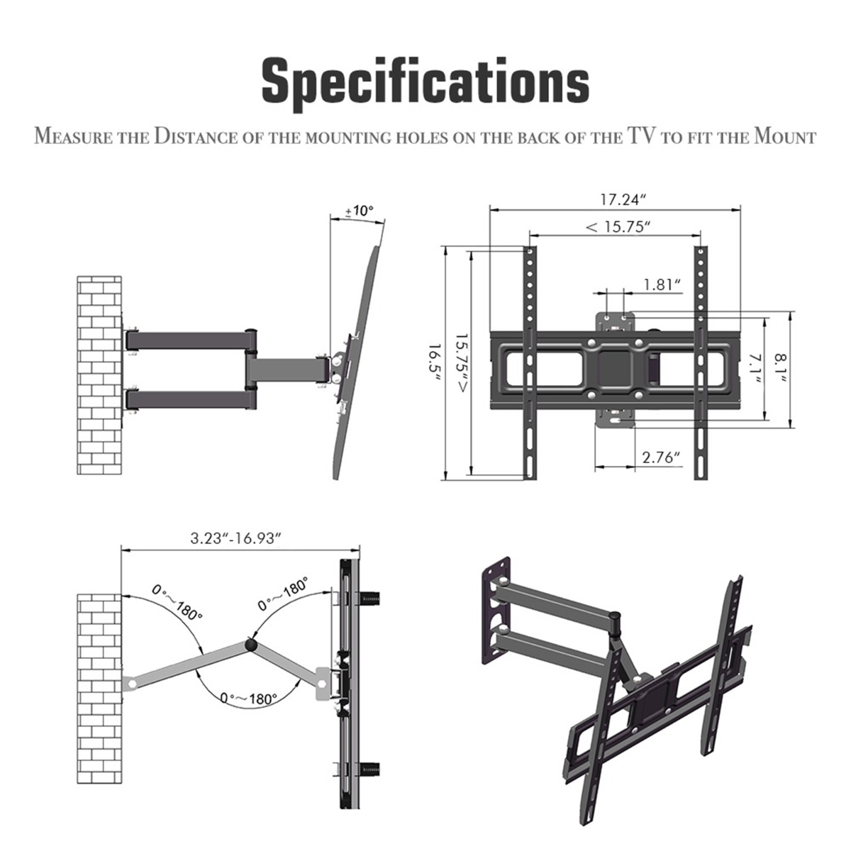 Diagramm einer TV-Wandhalterung, mit Maßen und Winkeln für die Installation.