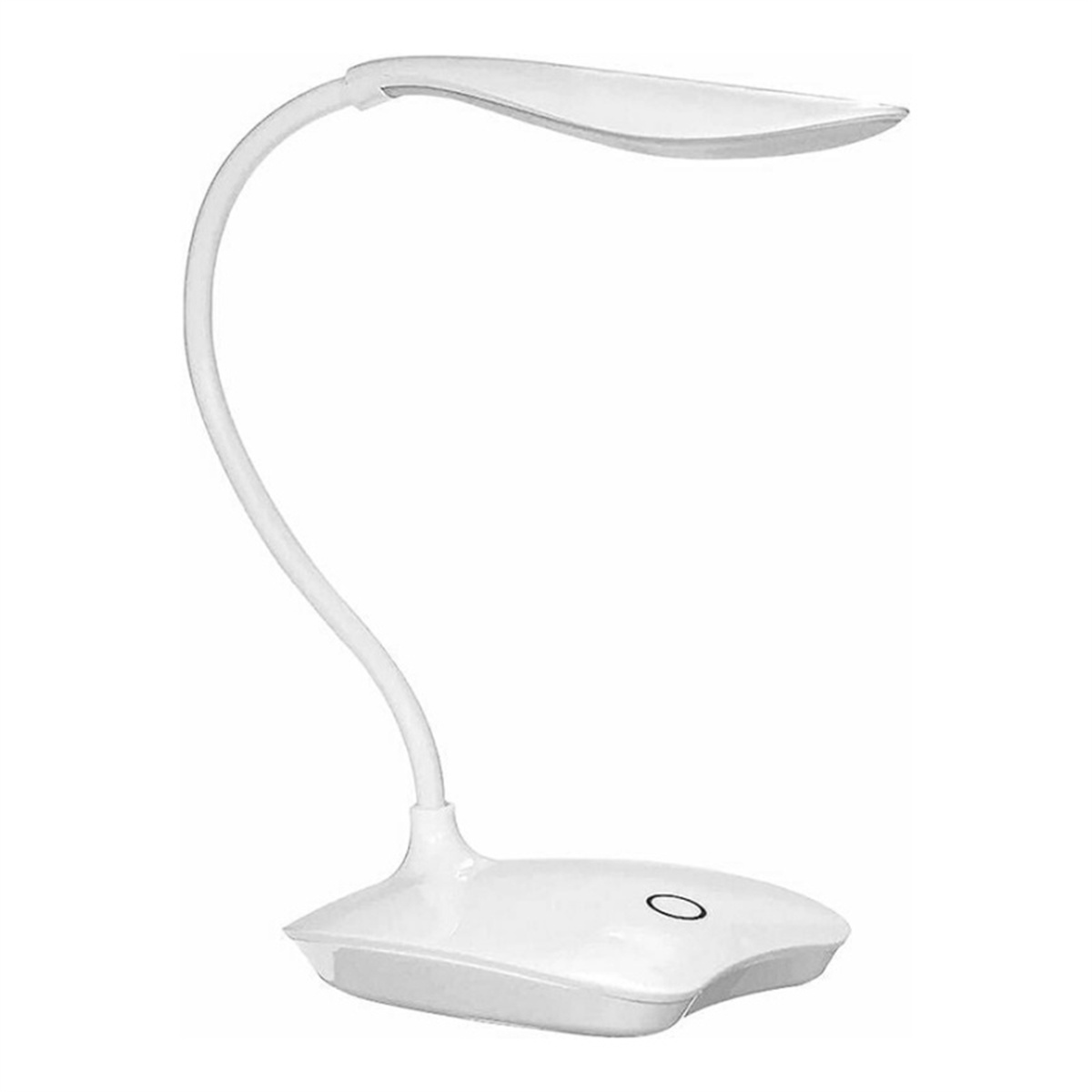 Weiße Schreibtischlampe. Sie hat einen gebogenen Hals und einen flachen, ovalen Kopf. Der Sockel ist auch flach.