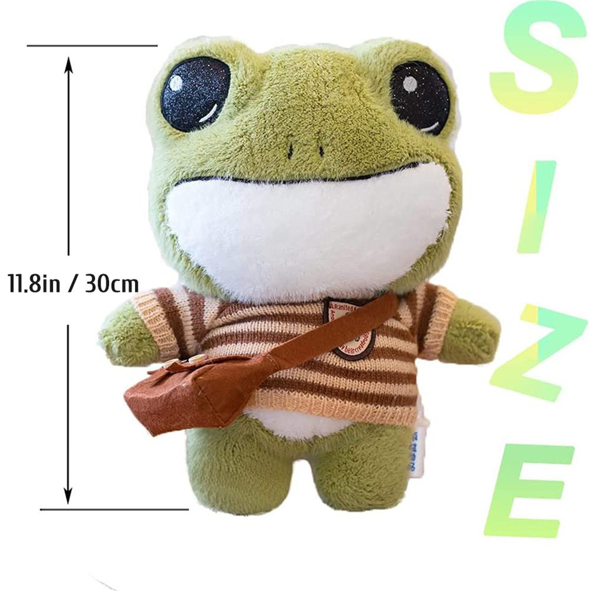 Ein grünes Frosch-Plüschtier mit Pullover und Umhängetasche. Maße werden gezeigt.