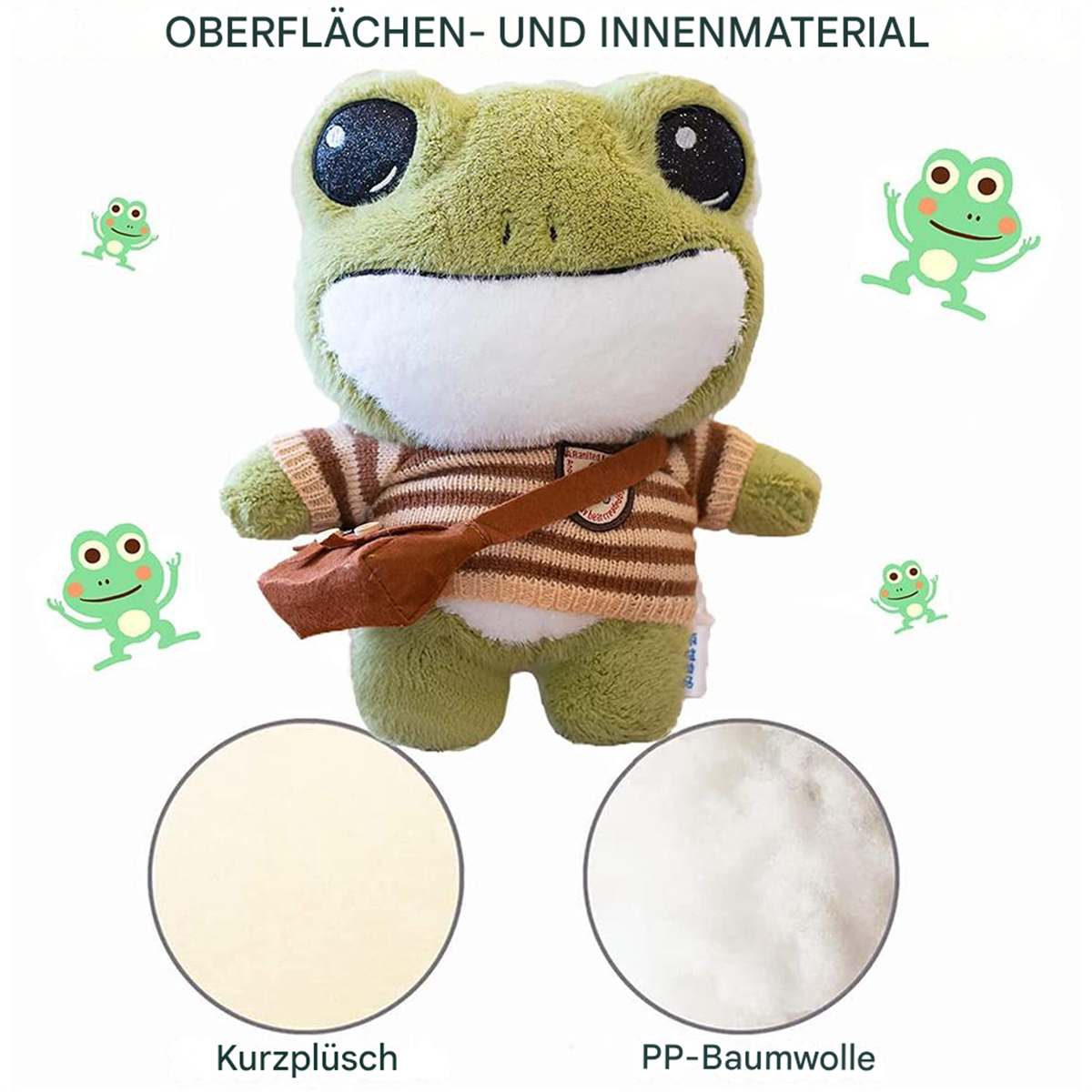 Grüne Plüschfroschpuppe mit brauner Tasche. Zwei Kreise zeigen Plüsch- und PP-Baumwollmaterialien.