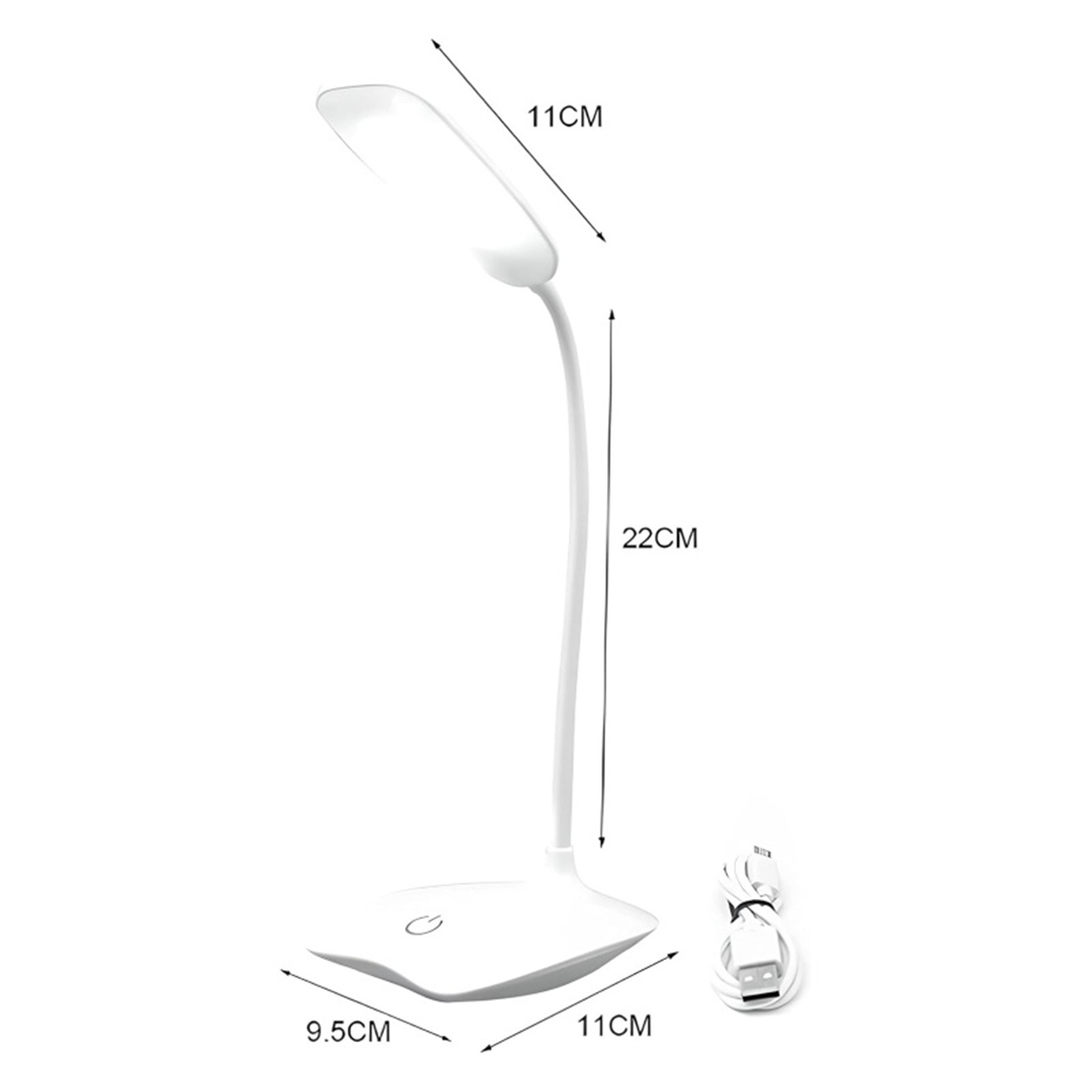 Weiße Schreibtischlampe, verstellbar, mit Maßen und USB-Kabel.