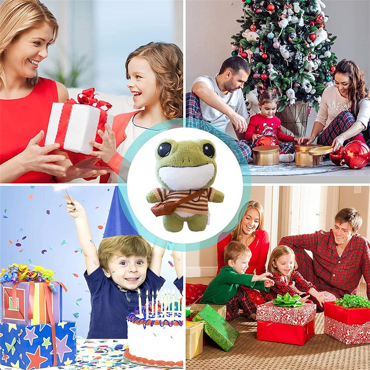 Sammlung von Bildern eines Froschspielzeugs mit feiernden Menschen, die Geschenke geben und auf einer Geburtstagsfeier sind.