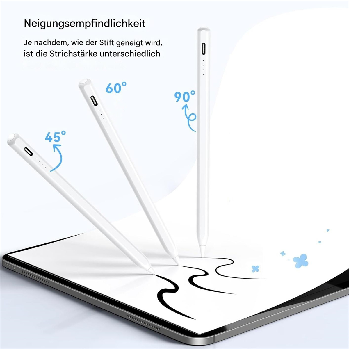 Weiße Stiftstifte in verschiedenen Winkeln auf einem Tablet, die Linienstärke zeigen.