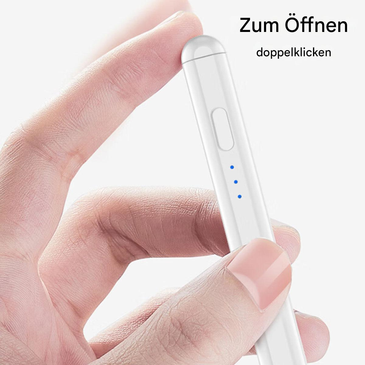 Eine Hand hält einen weißen Stift mit einem Knopf und blauen Kontrollleuchten.