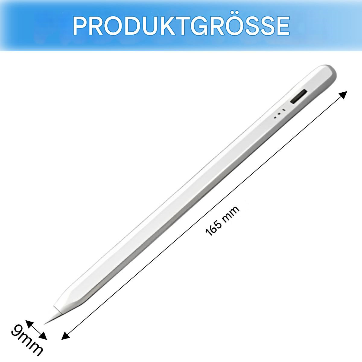 Ein weißer Stylus-Stift. Der Stift ist 165 mm lang und 9 mm breit. Der Text 'PRODUKTGRÖSSE' steht darüber.