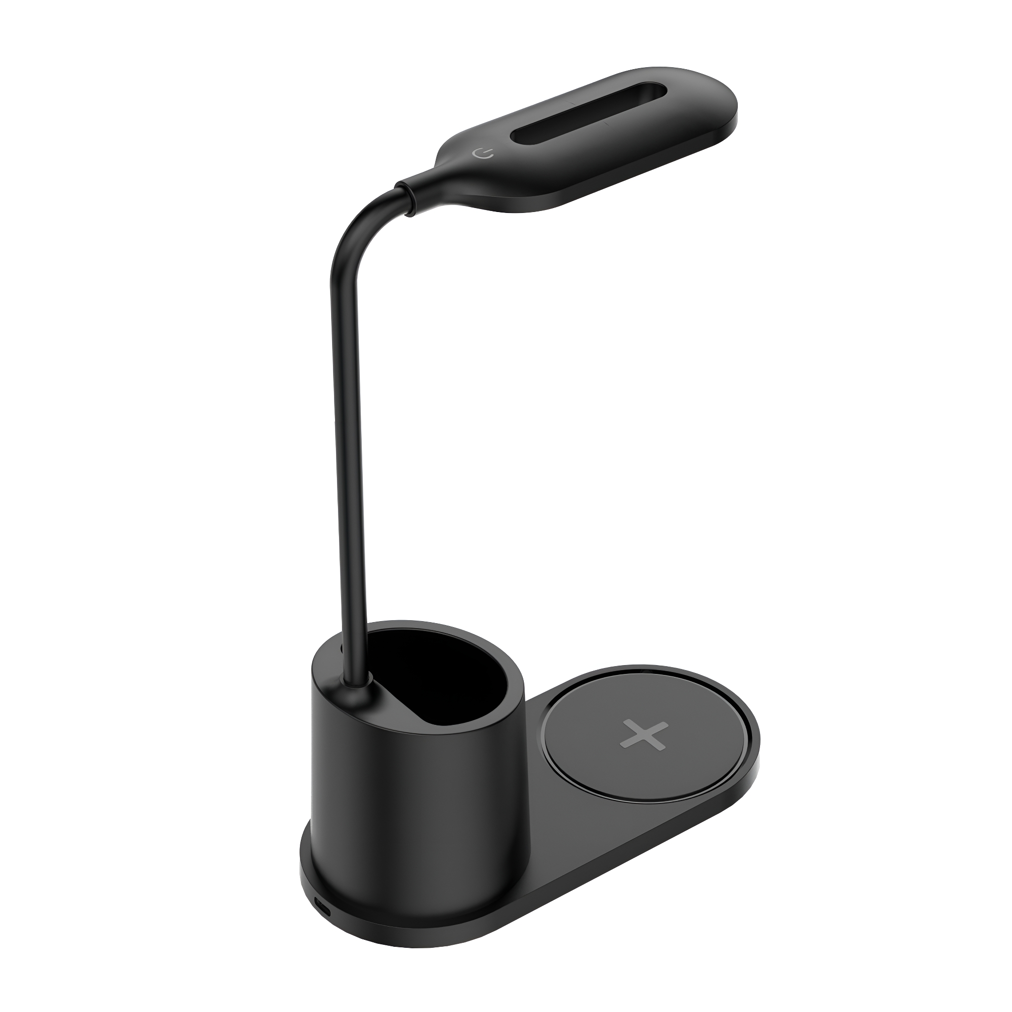 Eine schwarze Schreibtischlampe mit einem Stifthalter und einem kabellosen Ladepad.