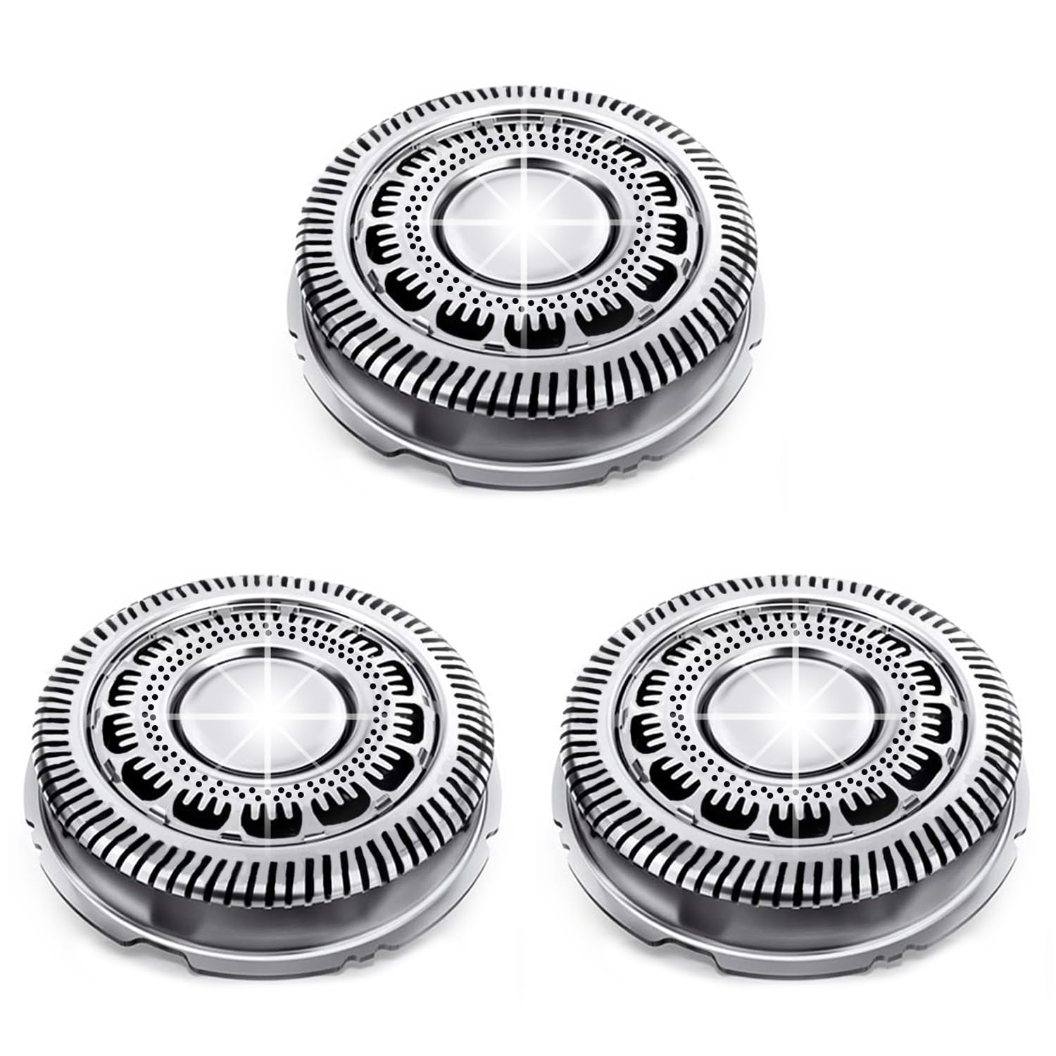 Drei kreisförmige Rasierköpfe mit metallischem und schwarzem Design, auf weißem Hintergrund.