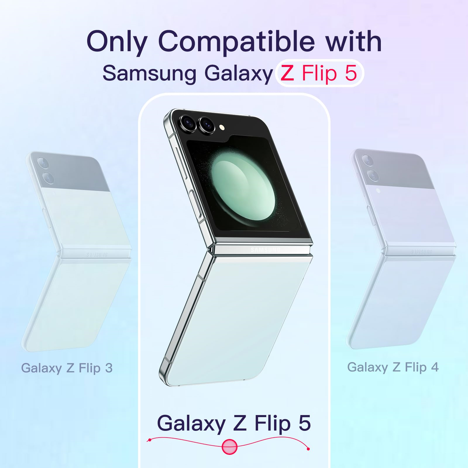 Drei Samsung Galaxy Z Flip-Telefone. Mittleres offen. Text: Nur kompatibel mit Samsung Galaxy Z Flip 5.