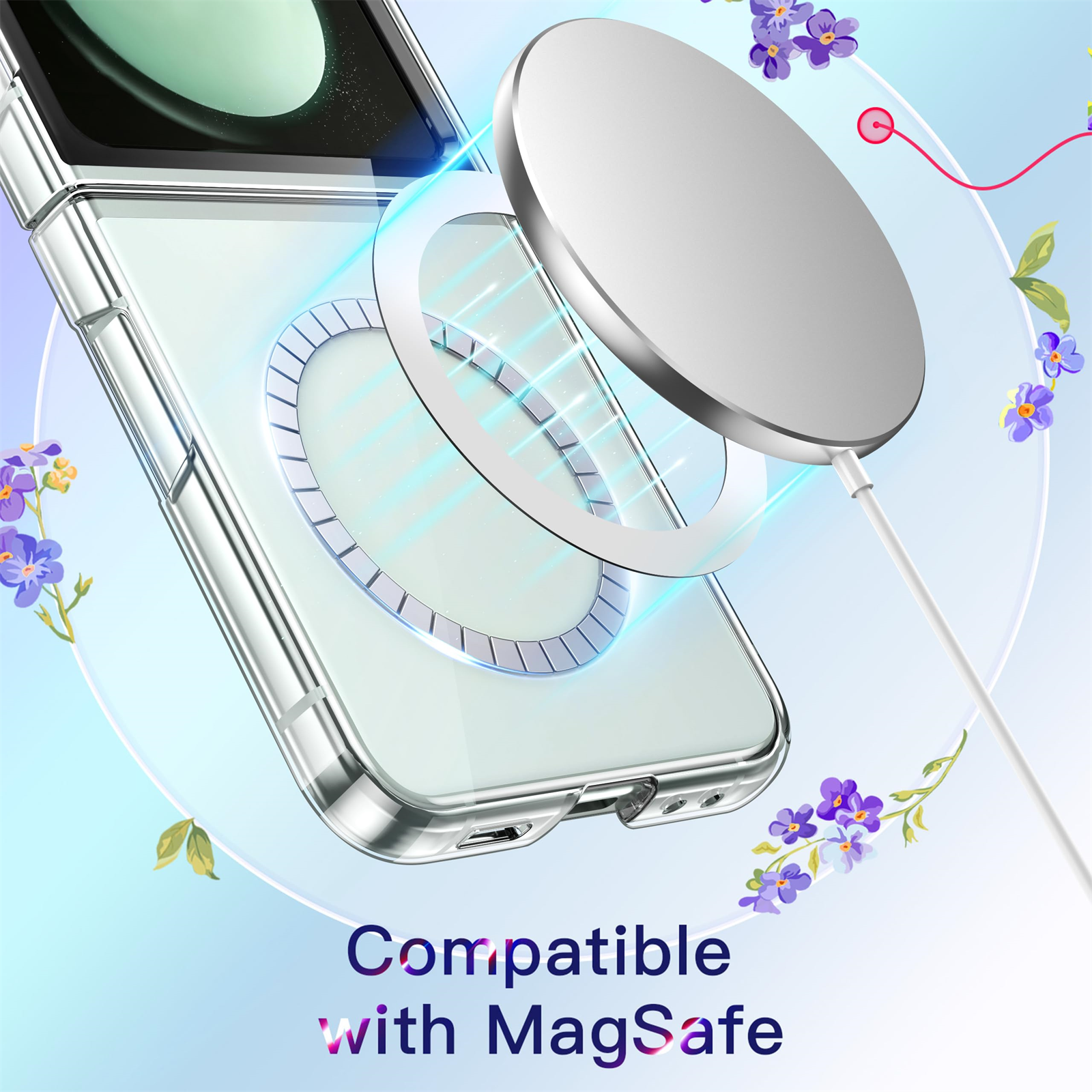 Ein Telefon in einer transparenten Hülle, mit einem MagSafe-Ladegerät, umgeben von Blumen.