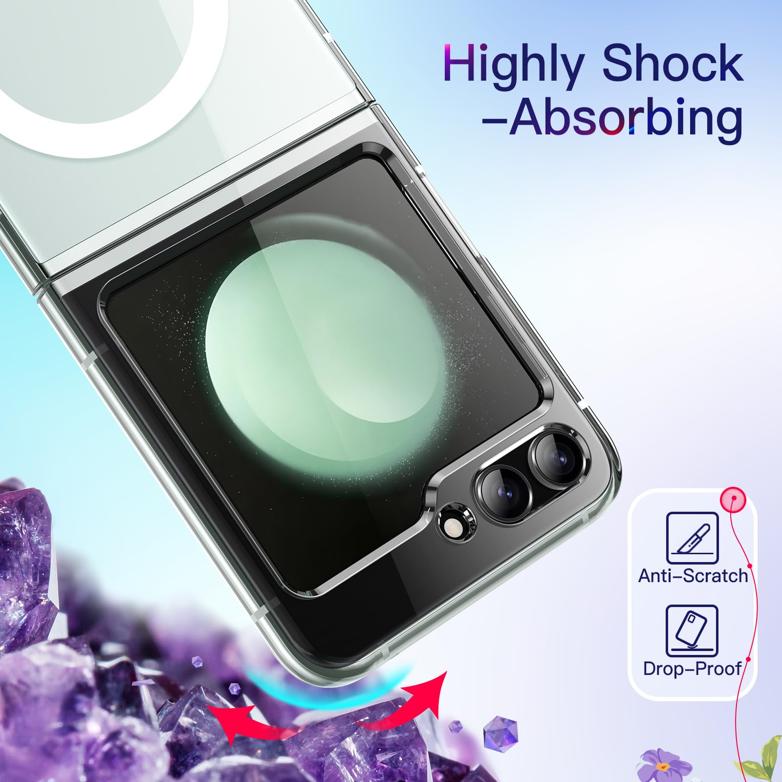 Eine transparente Handyhülle mit einem Telefon darin. Der Text lautet "Highly Shock-Absorbing". Symbole sind enthalten.