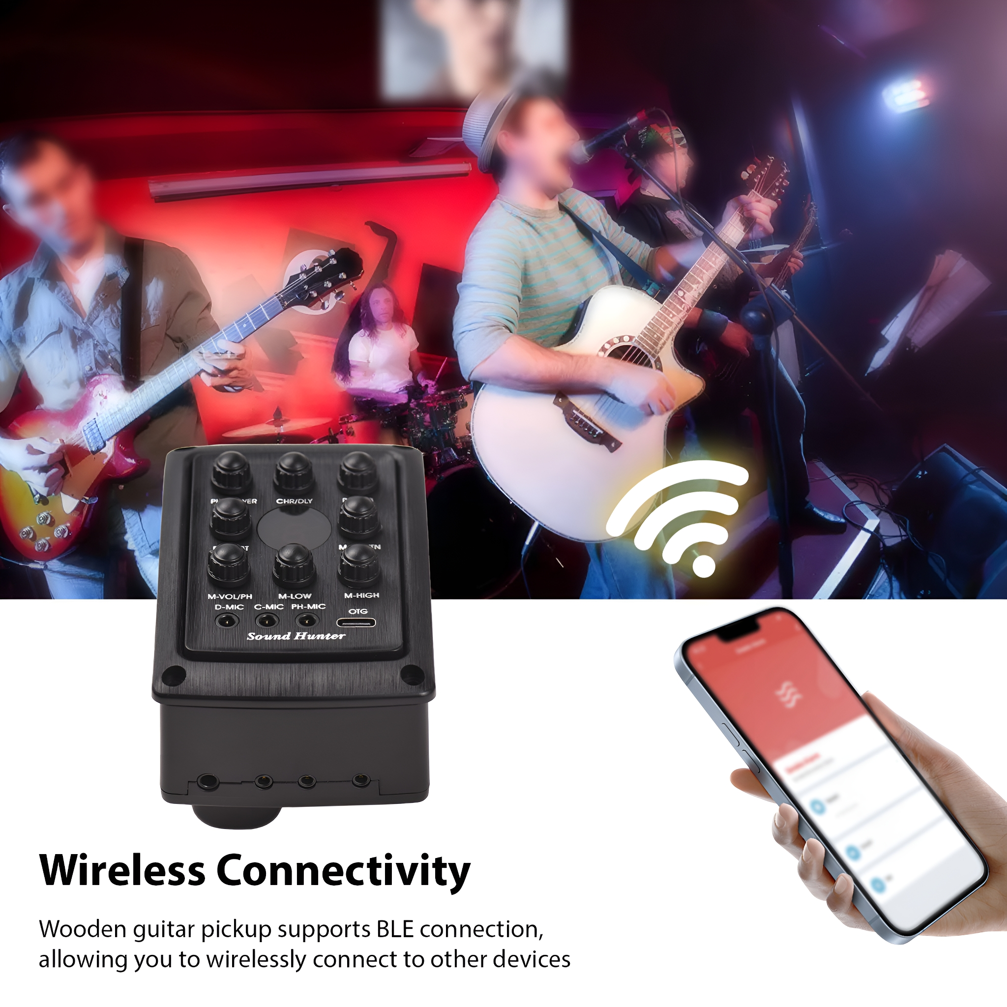 Ein Gitarren-Tonabnehmer mit drahtloser Konnektivität, gezeigt mit einem Gitarristen auf der Bühne. Ein Telefon ist gezeigt.