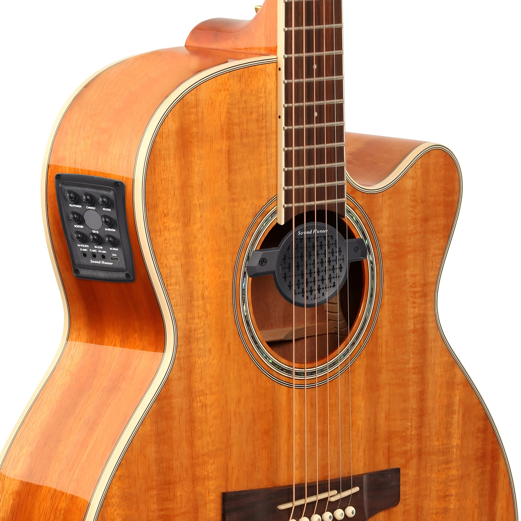 Akustikgitarre mit Schallloch und schwarzem Klangverstärker.