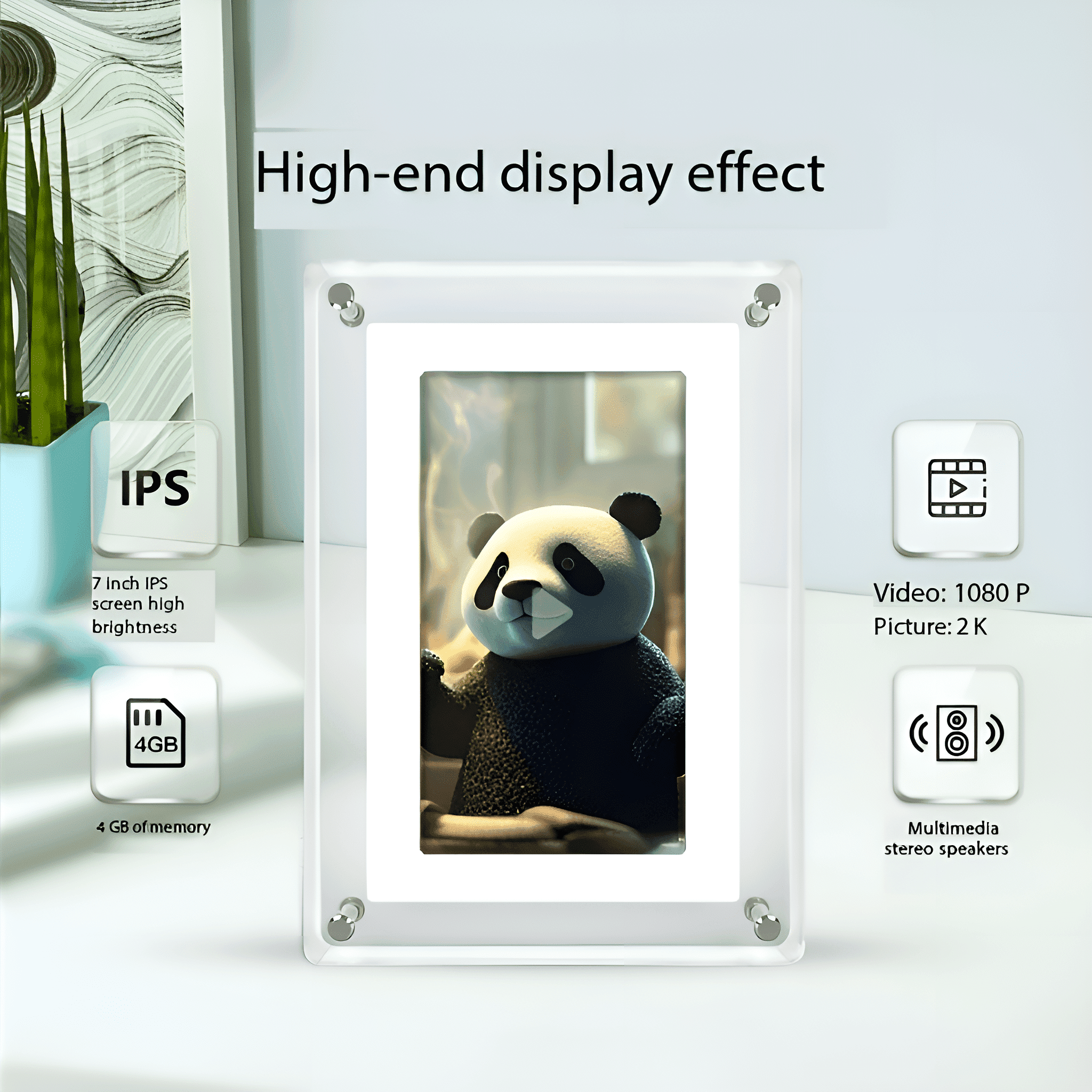 Digitaler Bilderrahmen mit Panda. Funktionen: IPS-Bildschirm, 4GB Speicher, Stereolautsprecher.