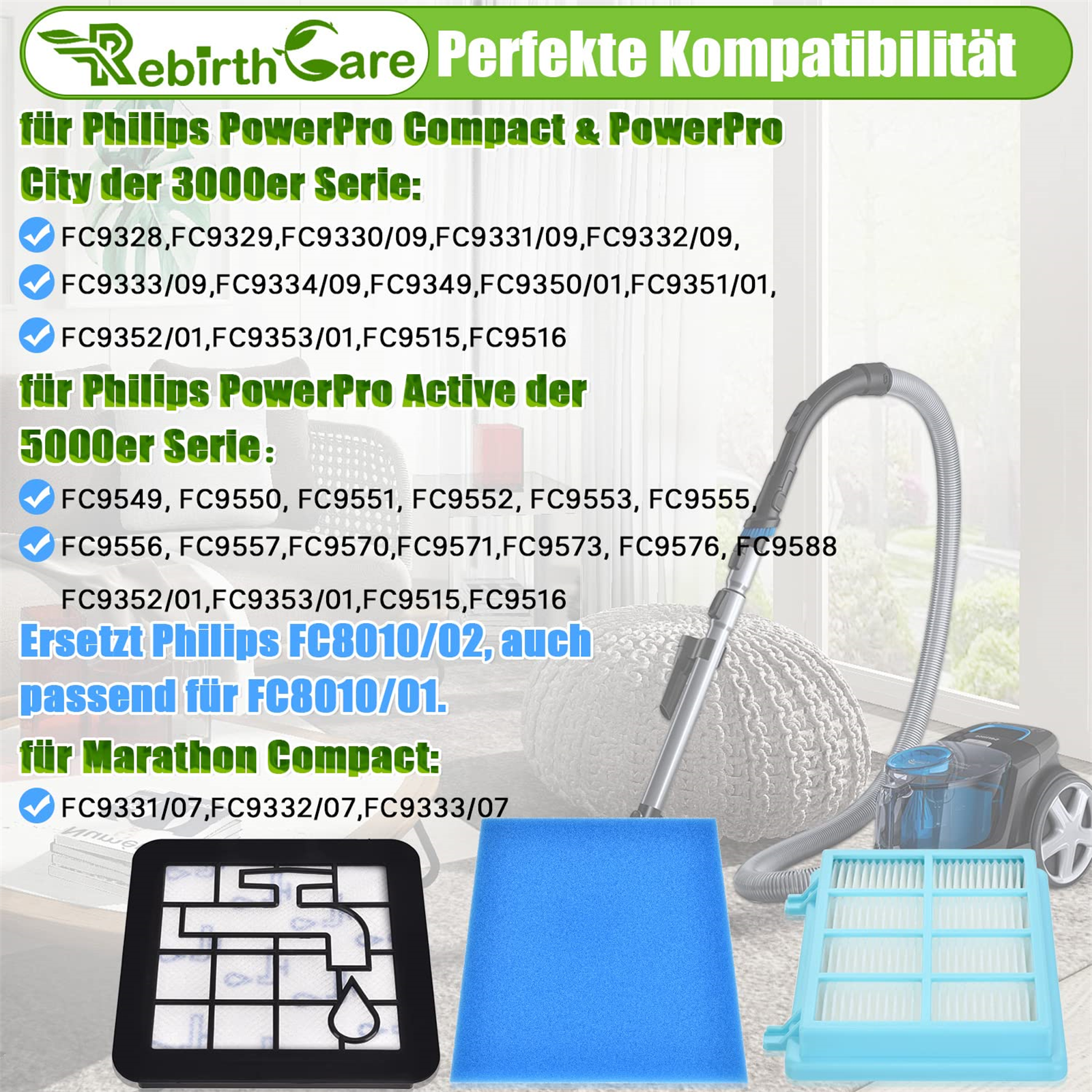Staubsaugerfilter und -teile, mit Text zur Kompatibilität mit Philips- und Marathon-Modellen.