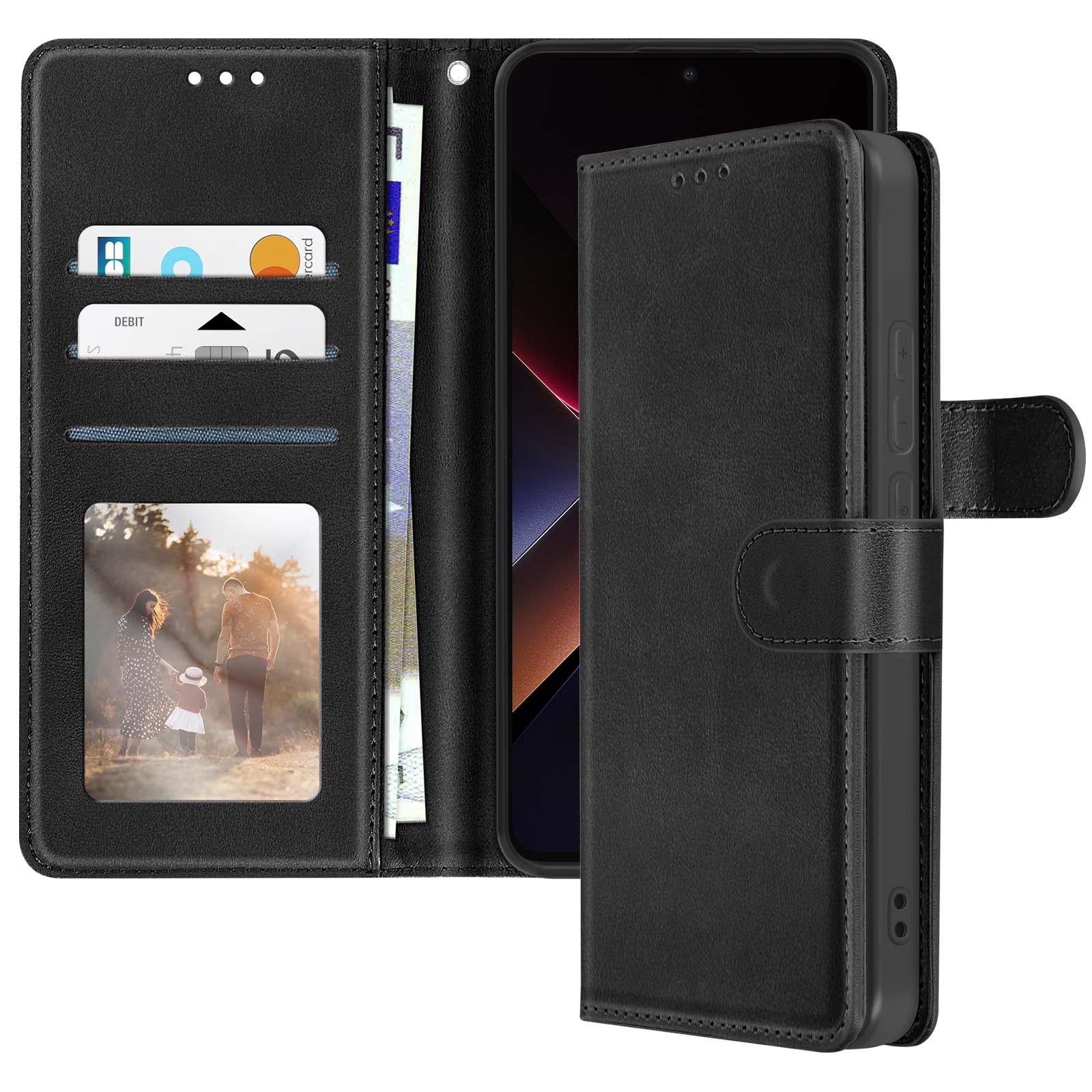 Portafoglio nero per telefono con smartphone, carte e contanti. Una foto di famiglia in uno scomparto trasparente.