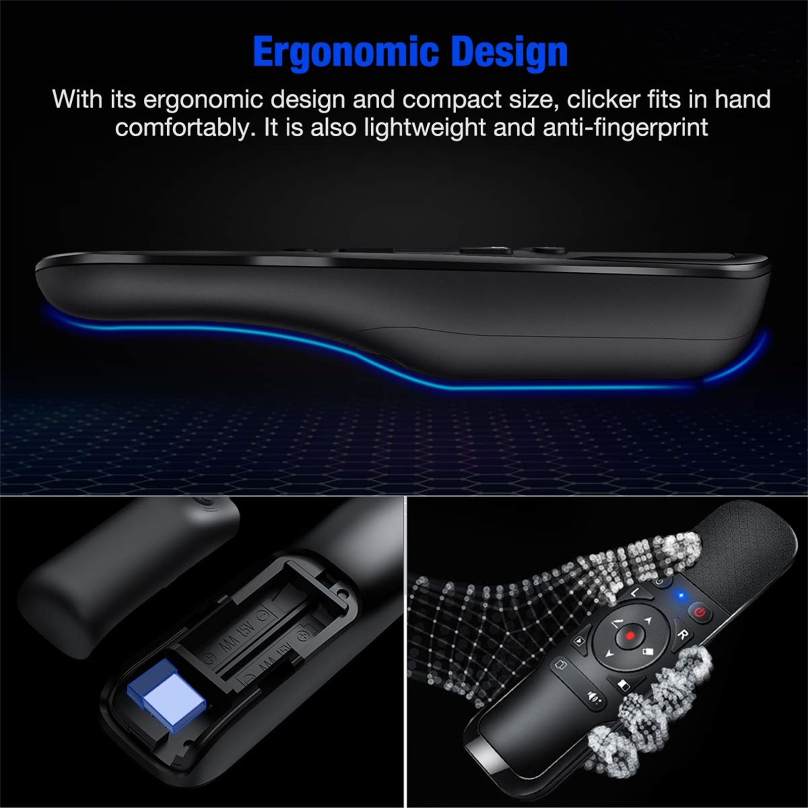 Schwarze Fernbedienung, ergonomisches Design, mit Tastenanordnung und geöffnetem Batteriefach.