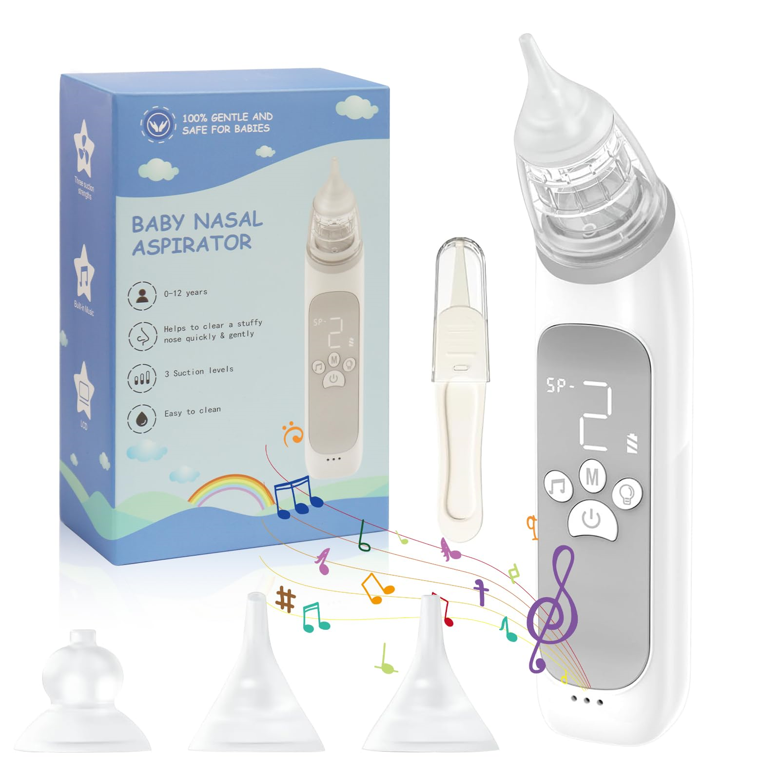 Baby-Nasenaspirator-Set. Enthält eine Box, einen Aspirator und verschiedene Düsen. Weißes und blaues Farbschema.