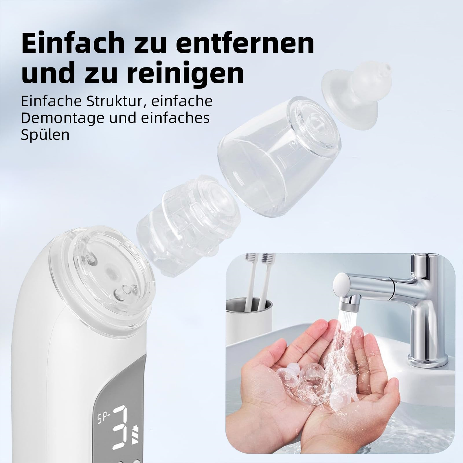 Zerlegter Babynasenreiniger, mit Wasser und Händewaschen.