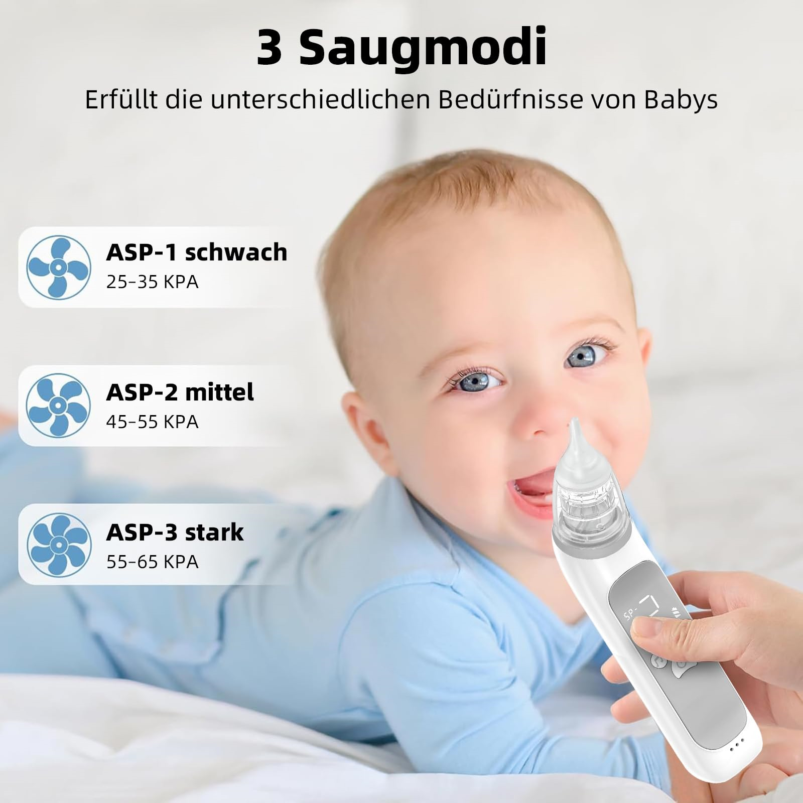 Ein Baby mit einem Nasensauger vor Textdiagrammen, die die Saugstufen zeigen.