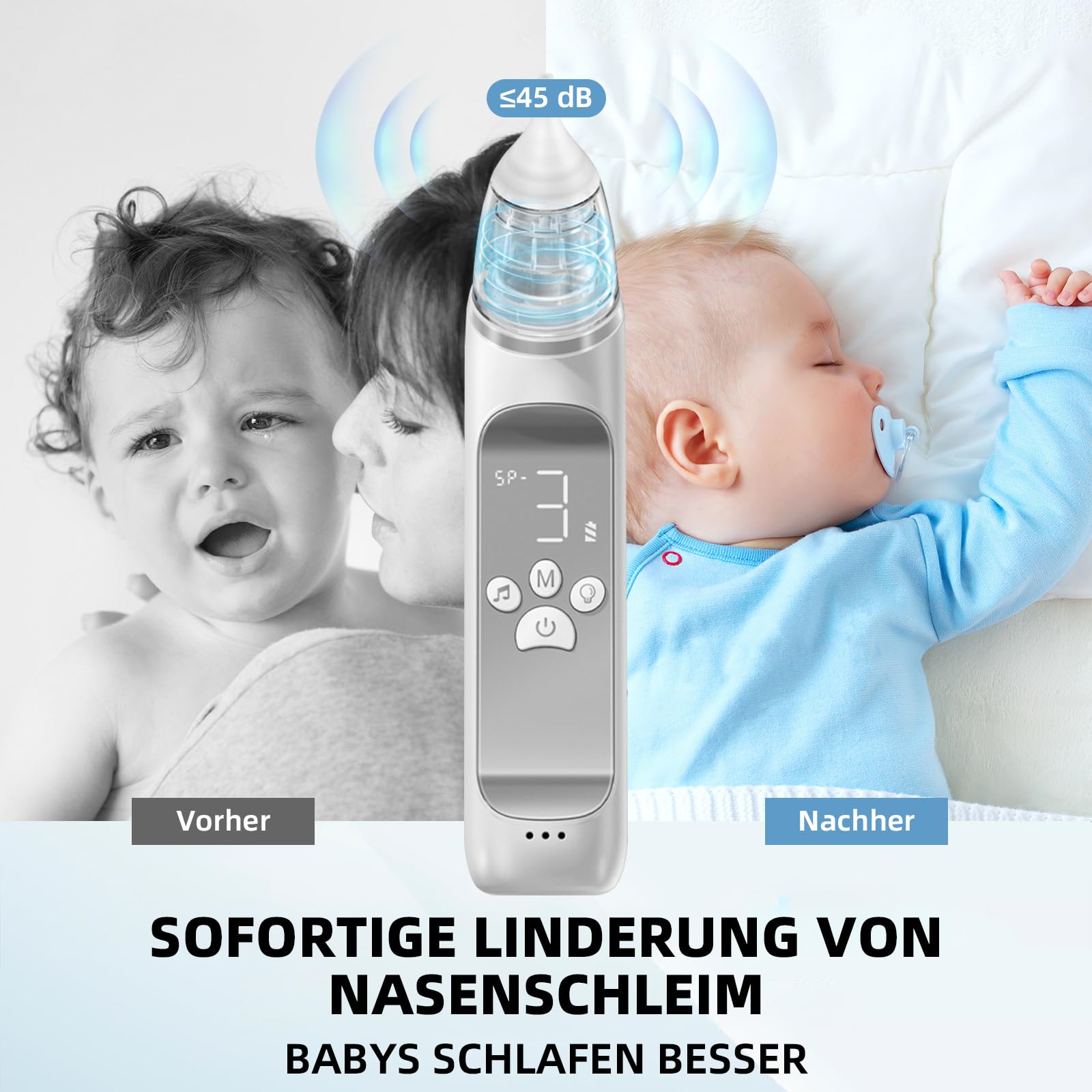 Das Bild zeigt ein Baby vor und nach der Anwendung eines Nasensaugers. Ein Gerät und Text sind ebenfalls sichtbar.