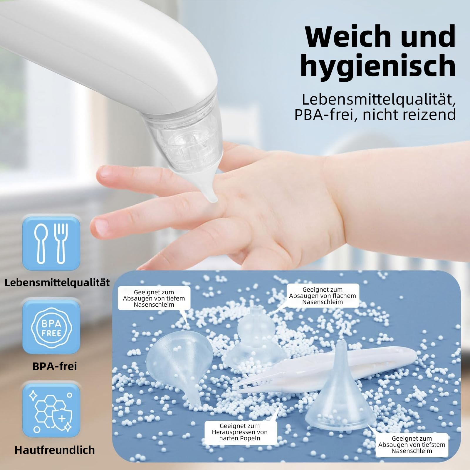 Ein Gerät zur Nasenreinigung. Es hat einen weißen Körper, mit verschiedenen Spitzen und Text: 'Weich und hygienisch'.