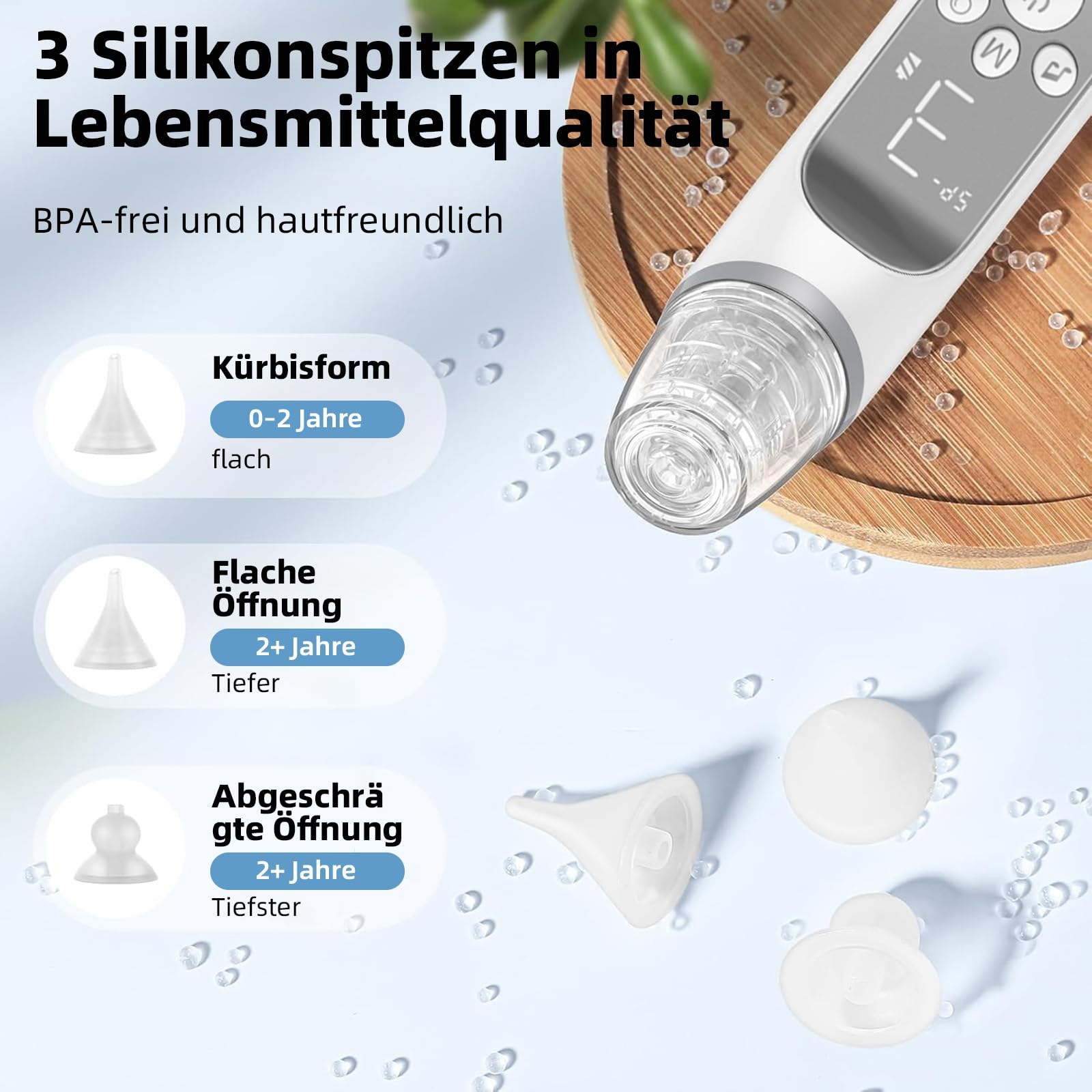 Ein Gerät mit drei Silikonspitzen liegt auf einer Holzoberfläche. Text und Diagramme zeigen die Spitzen und ihre Verwendung.