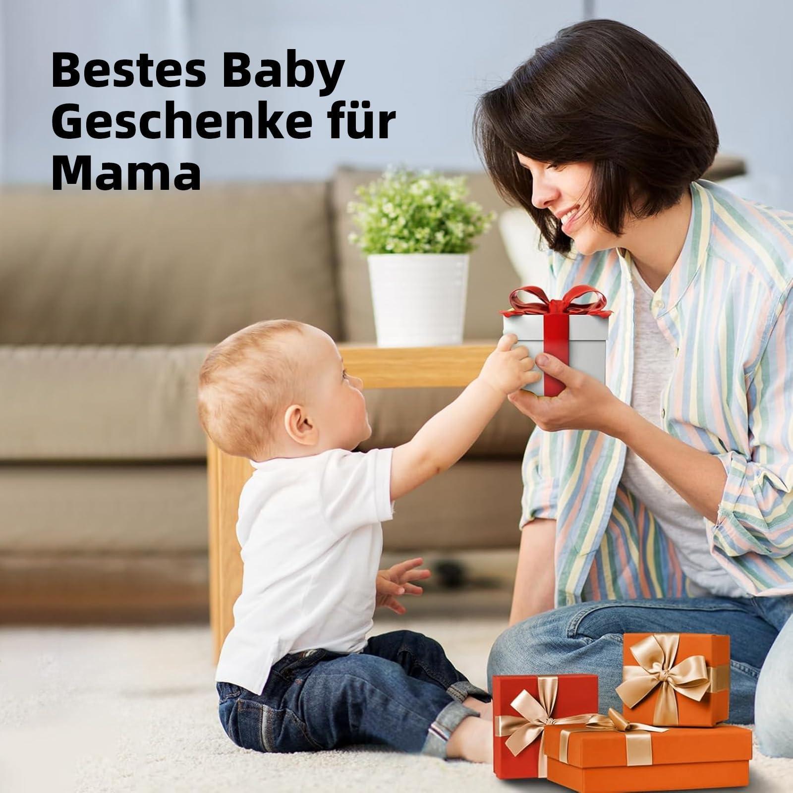 Eine Mutter gibt ihrem Baby eine Geschenkbox. Zwei Geschenkboxen liegen unten. Der Text lautet: „Beste Babygeschenke für Mama“.